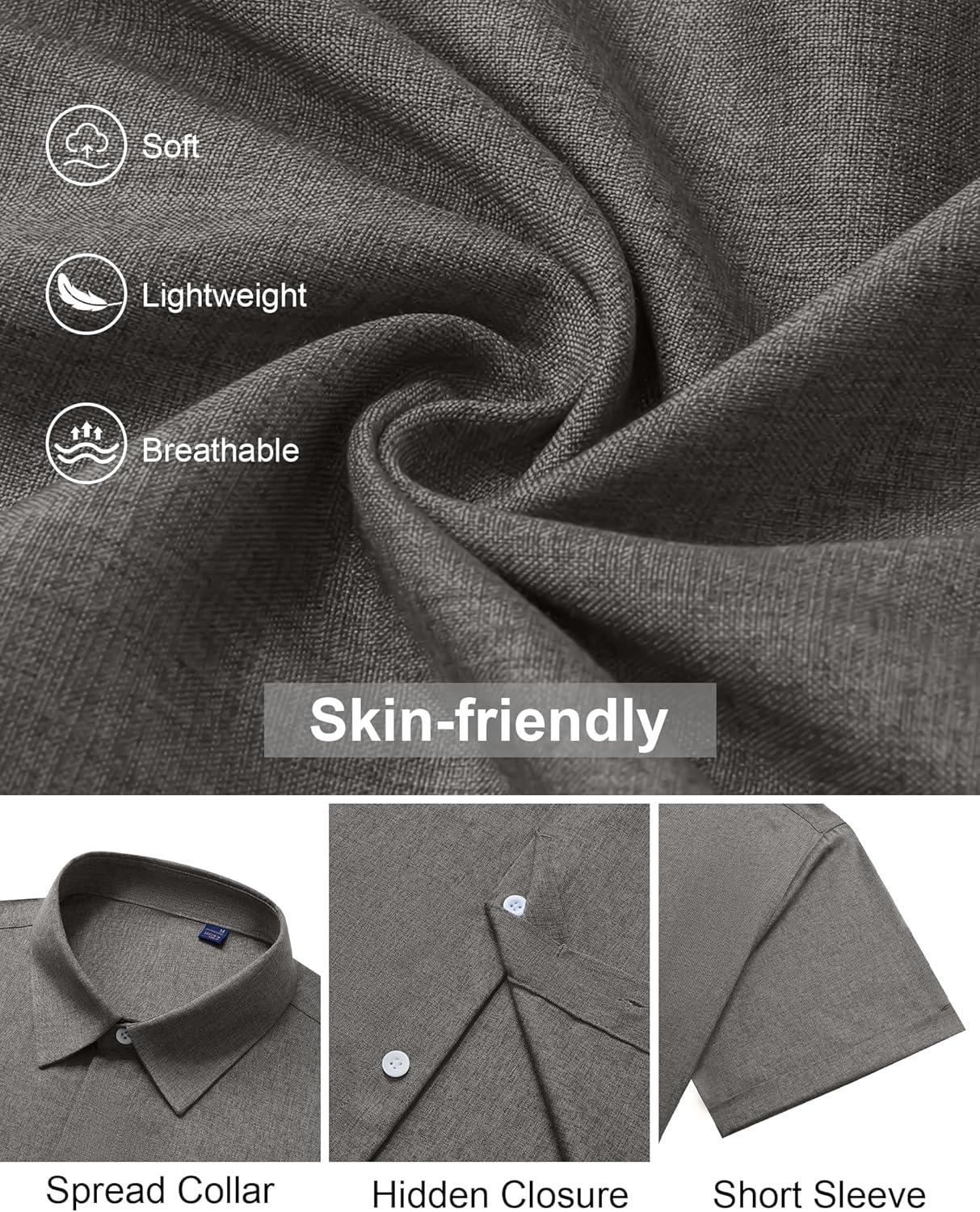 imageAlimens amp Gentle Mens Linen Shirt Short Sleeve Button Down Shirt Casual Summer Beach Vacation Wedding ShirtsGrey
