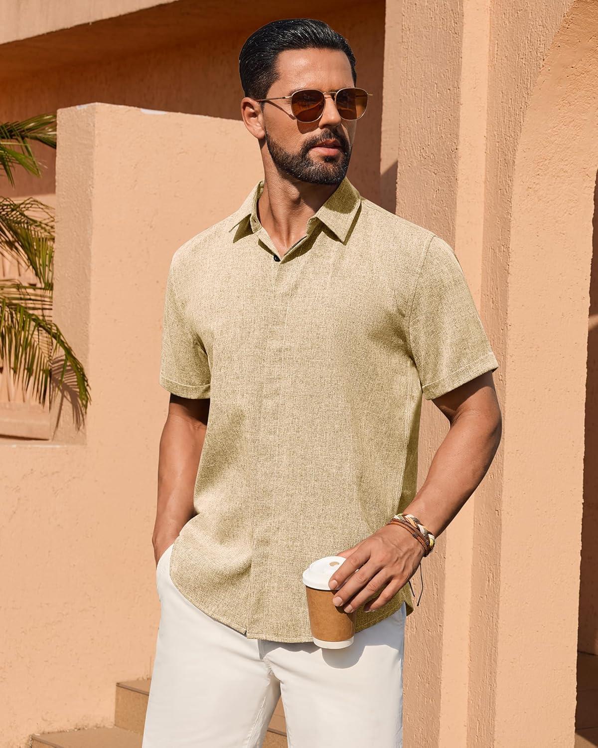 imageAlimens amp Gentle Mens Linen Shirt Short Sleeve Button Down Shirt Casual Summer Beach Vacation Wedding ShirtsKhaki