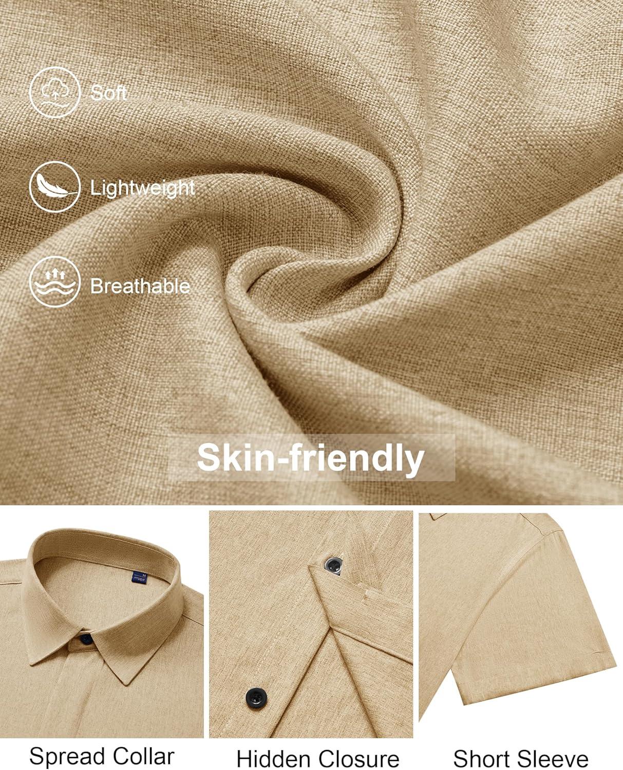 imageAlimens amp Gentle Mens Linen Shirt Short Sleeve Button Down Shirt Casual Summer Beach Vacation Wedding ShirtsKhaki