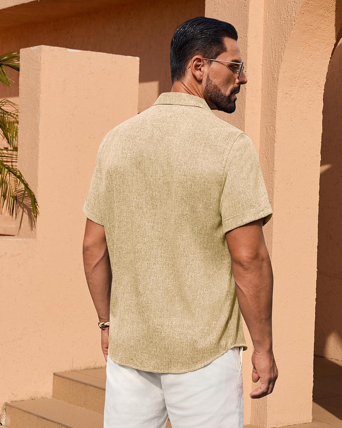 imageAlimens amp Gentle Mens Linen Shirt Short Sleeve Button Down Shirt Casual Summer Beach Vacation Wedding ShirtsKhaki