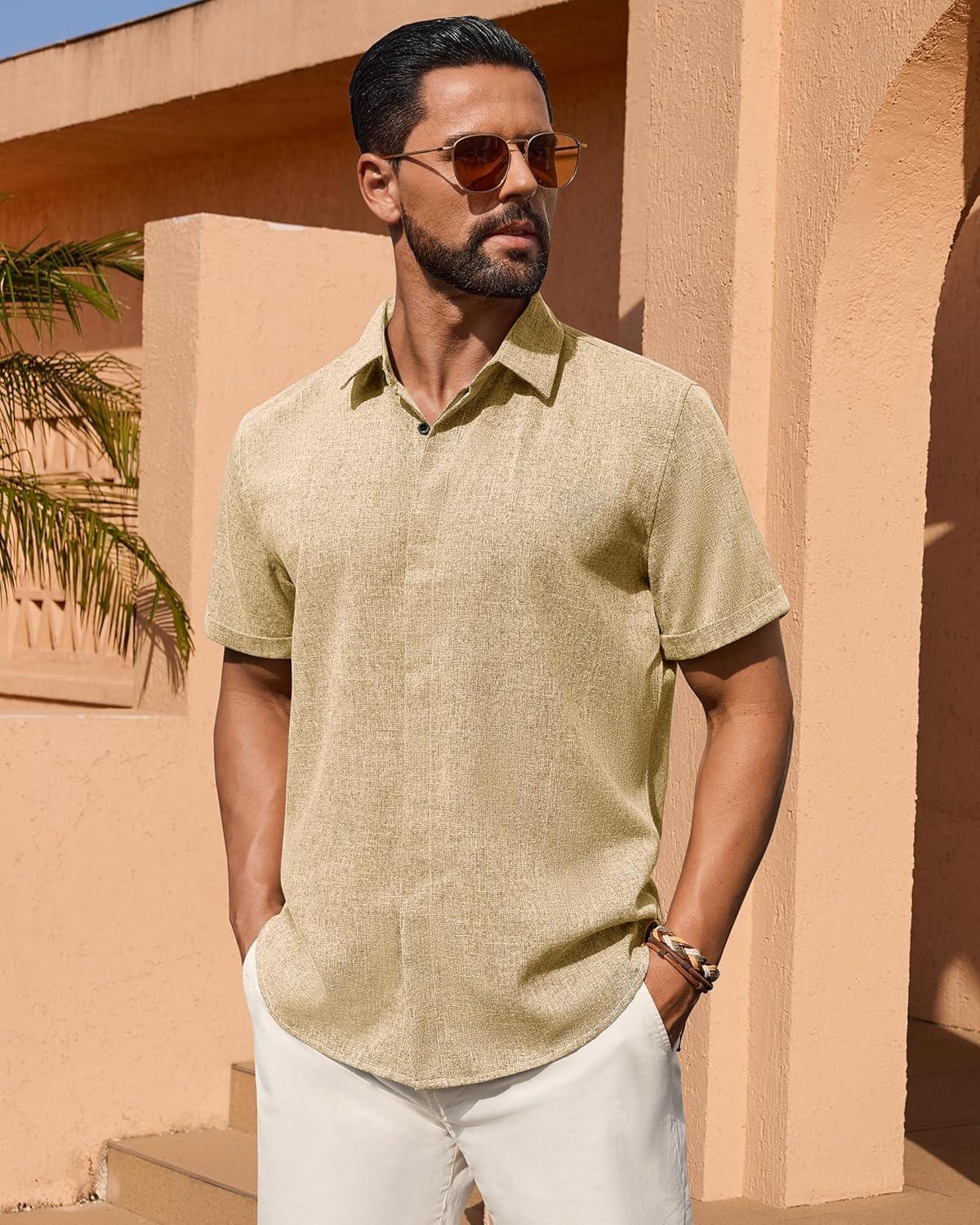 imageAlimens amp Gentle Mens Linen Shirt Short Sleeve Button Down Shirt Casual Summer Beach Vacation Wedding ShirtsKhaki