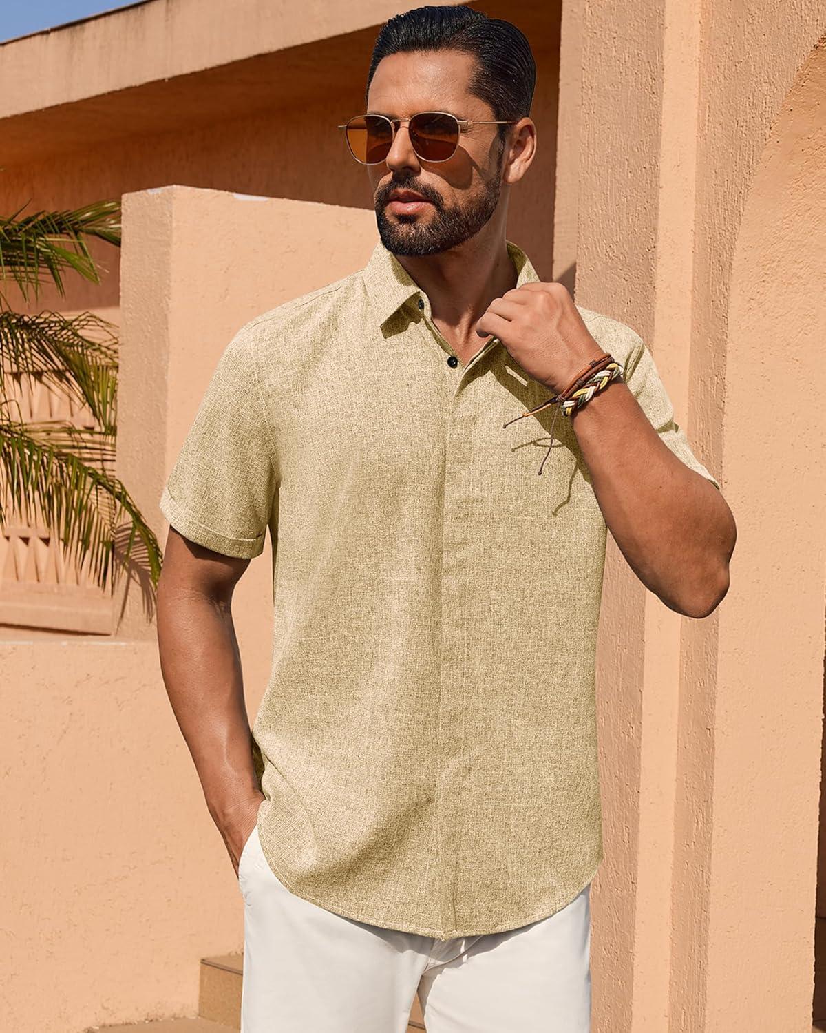 imageAlimens amp Gentle Mens Linen Shirt Short Sleeve Button Down Shirt Casual Summer Beach Vacation Wedding ShirtsKhaki