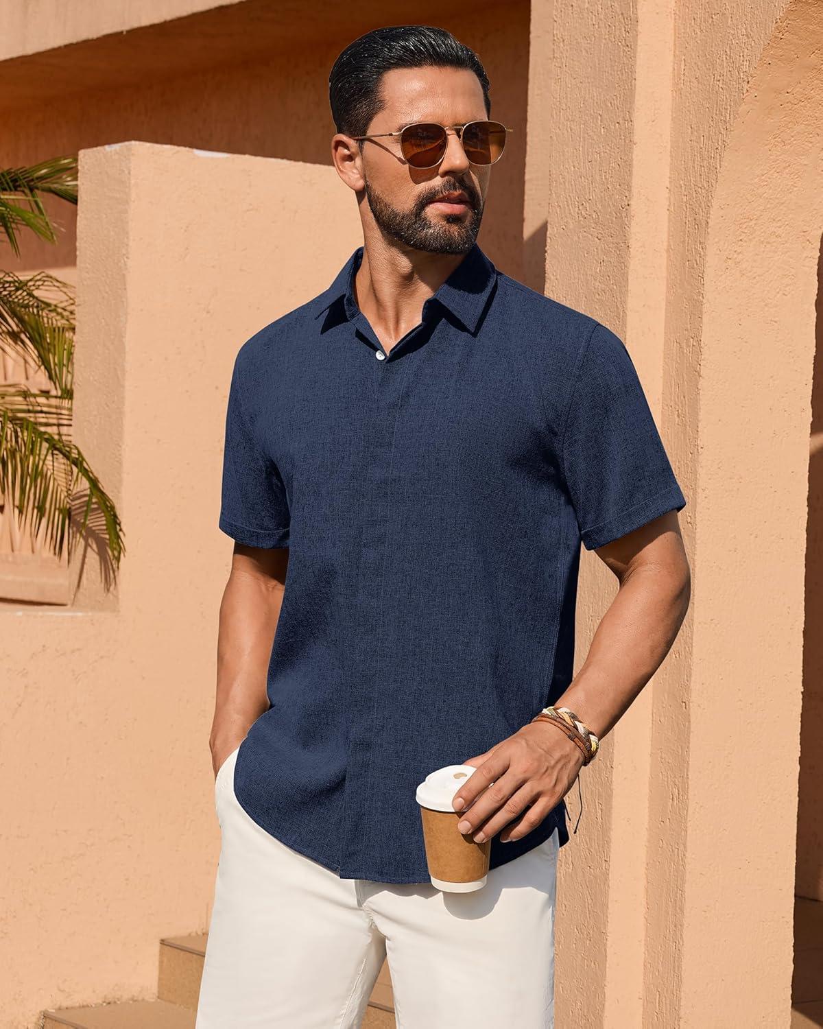 imageAlimens amp Gentle Mens Linen Shirt Short Sleeve Button Down Shirt Casual Summer Beach Vacation Wedding ShirtsNavy Blue