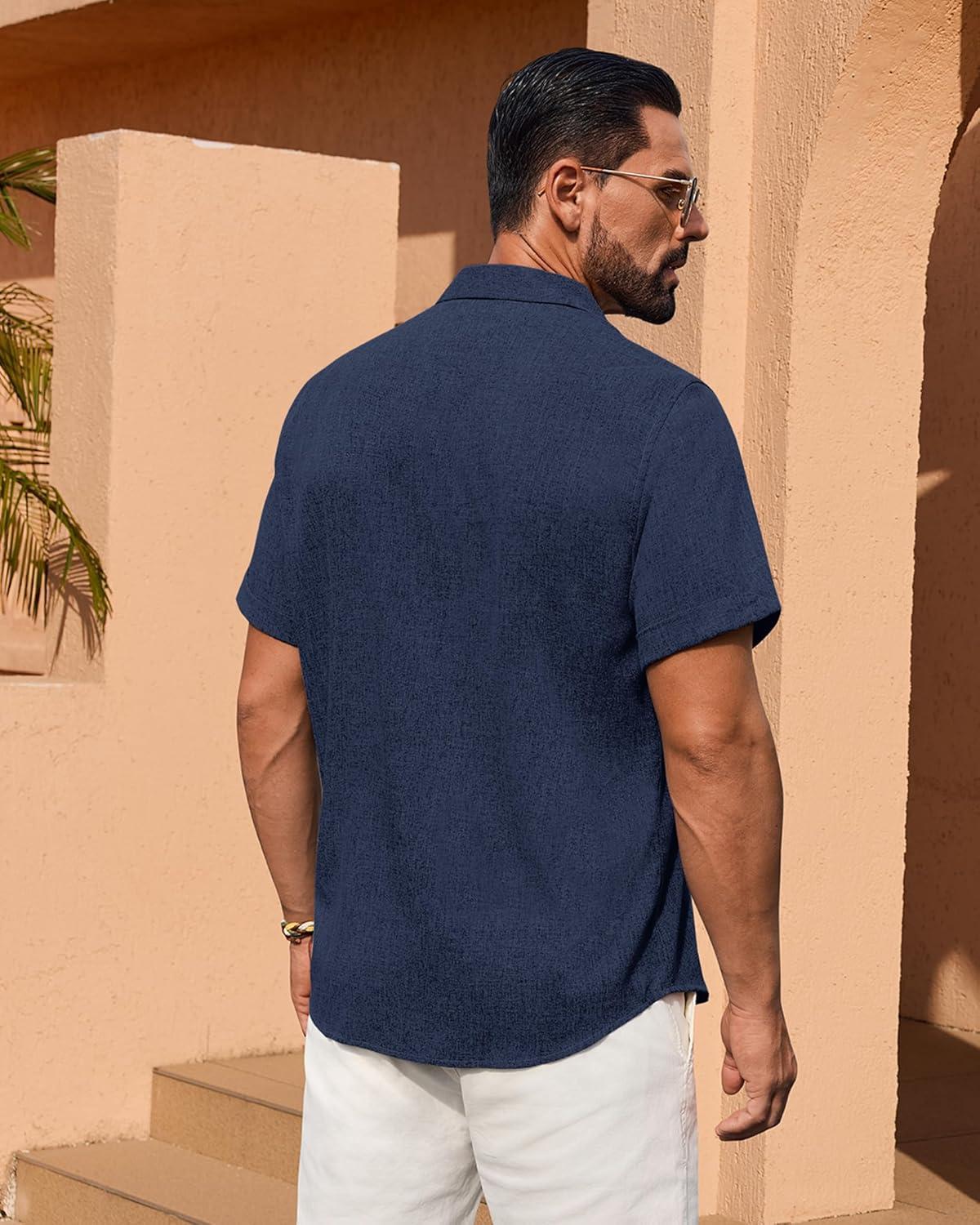imageAlimens amp Gentle Mens Linen Shirt Short Sleeve Button Down Shirt Casual Summer Beach Vacation Wedding ShirtsNavy Blue