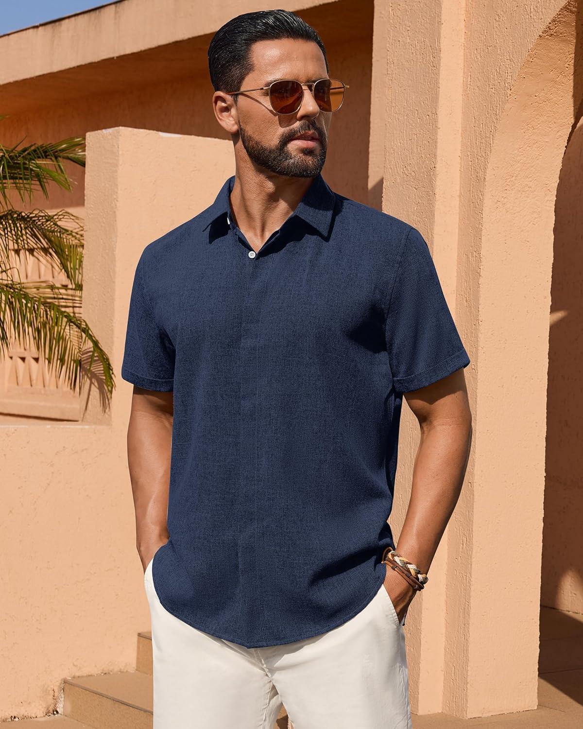 imageAlimens amp Gentle Mens Linen Shirt Short Sleeve Button Down Shirt Casual Summer Beach Vacation Wedding ShirtsNavy Blue