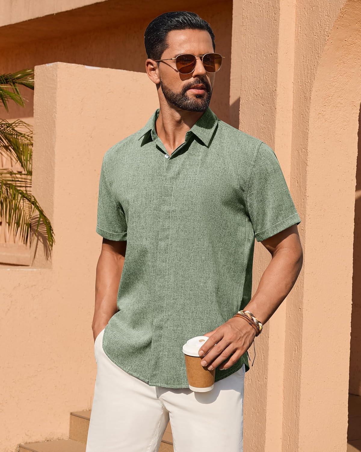 imageAlimens amp Gentle Mens Linen Shirt Short Sleeve Button Down Shirt Casual Summer Beach Vacation Wedding ShirtsOlive Green