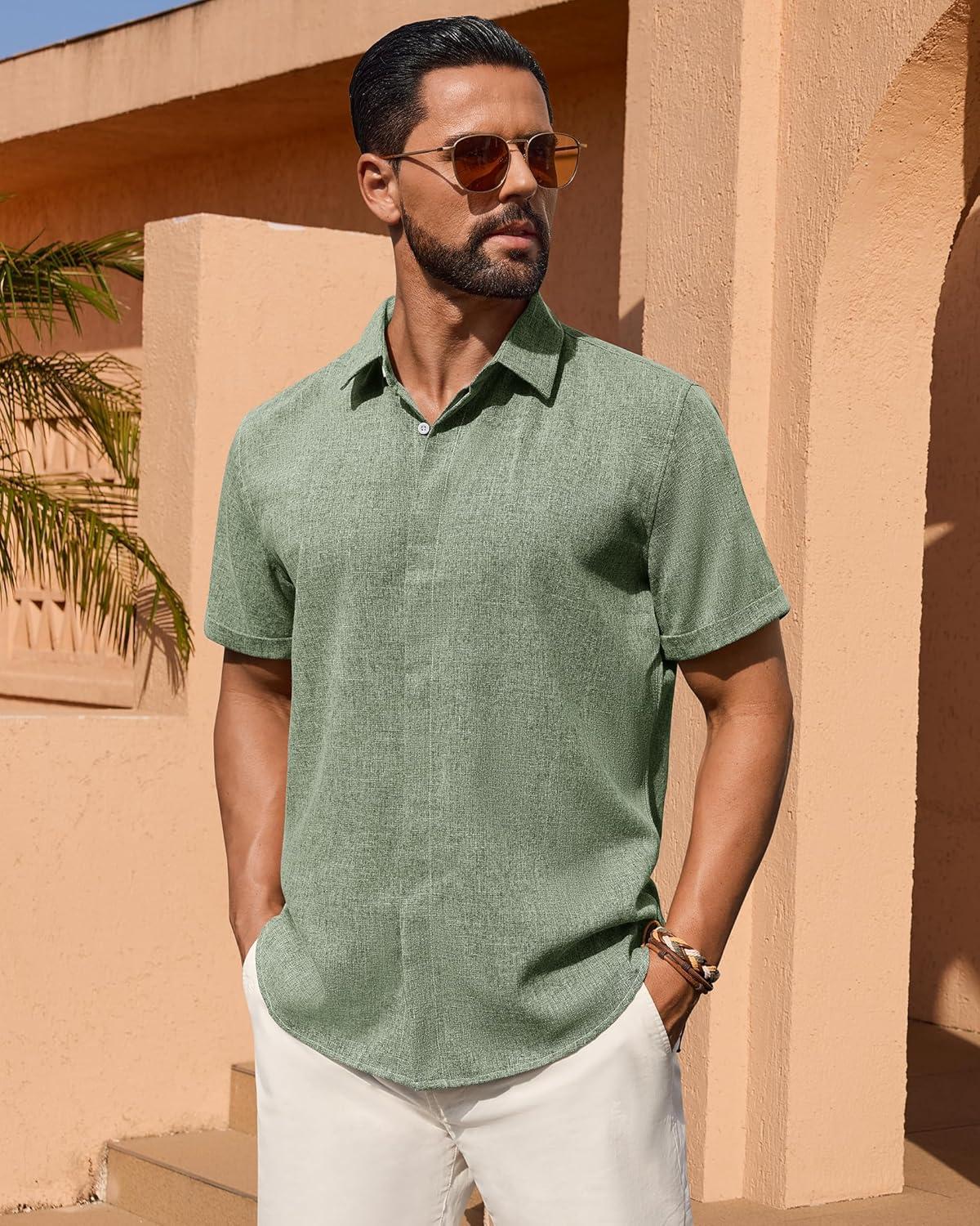 imageAlimens amp Gentle Mens Linen Shirt Short Sleeve Button Down Shirt Casual Summer Beach Vacation Wedding ShirtsOlive Green