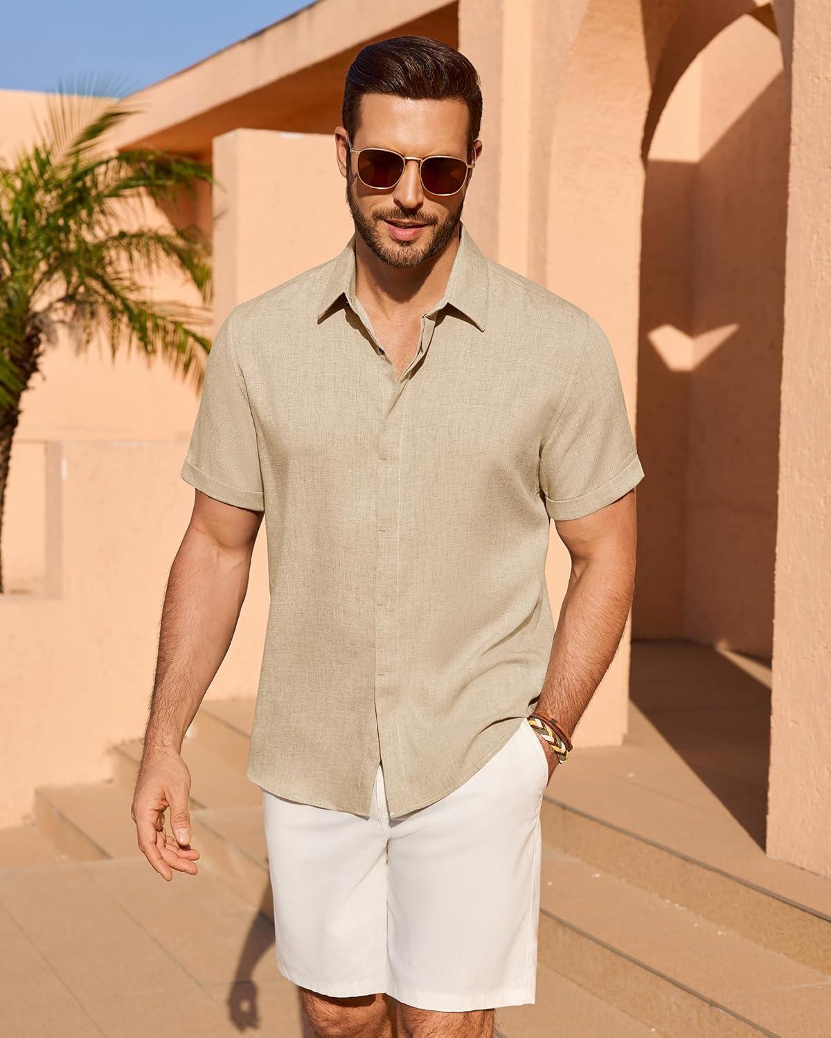 imageAlimens amp Gentle Mens Linen Shirt Short Sleeve Button Down Shirt Casual Summer Beach Vacation Wedding ShirtsTan