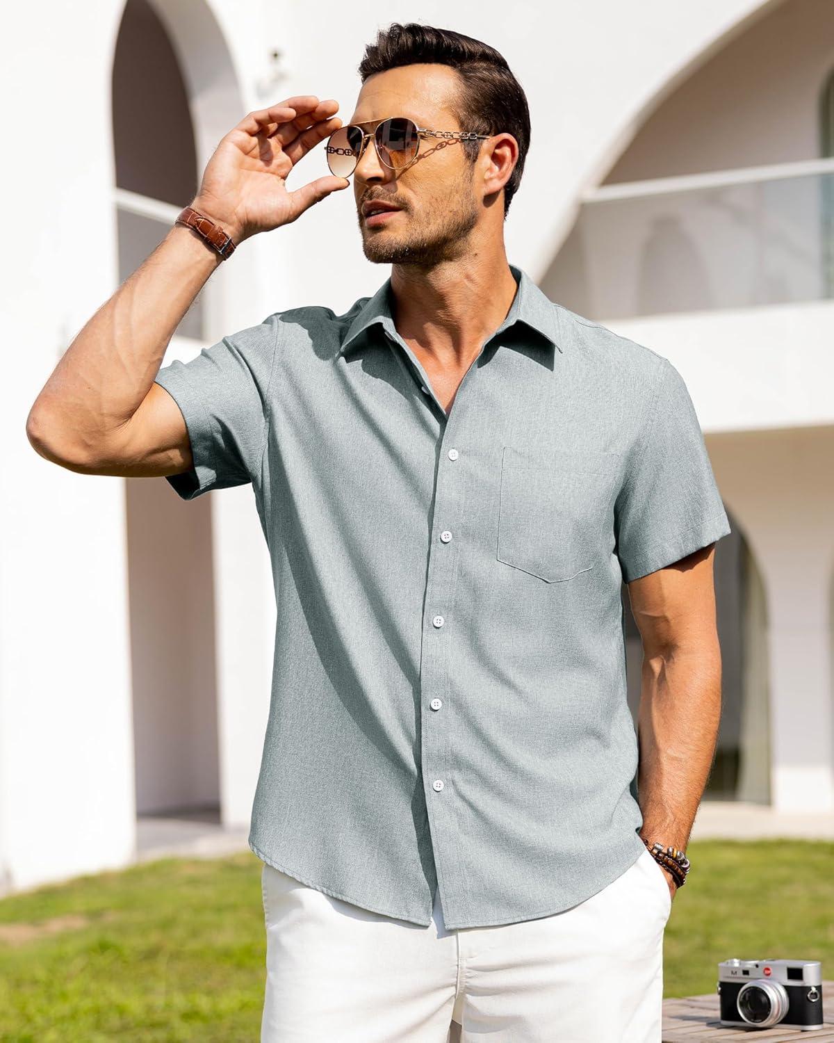 imageAlimens amp Gentle Mens Linen Shirts Short Sleeve Button Down Shirts Wrinkle Free Casual Vacation Beach Summer TopsAqua Blue