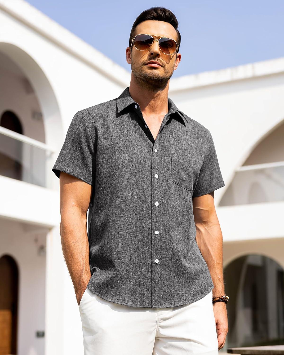 imageAlimens amp Gentle Mens Linen Shirts Short Sleeve Button Down Shirts Wrinkle Free Casual Vacation Beach Summer TopsBlack Grey