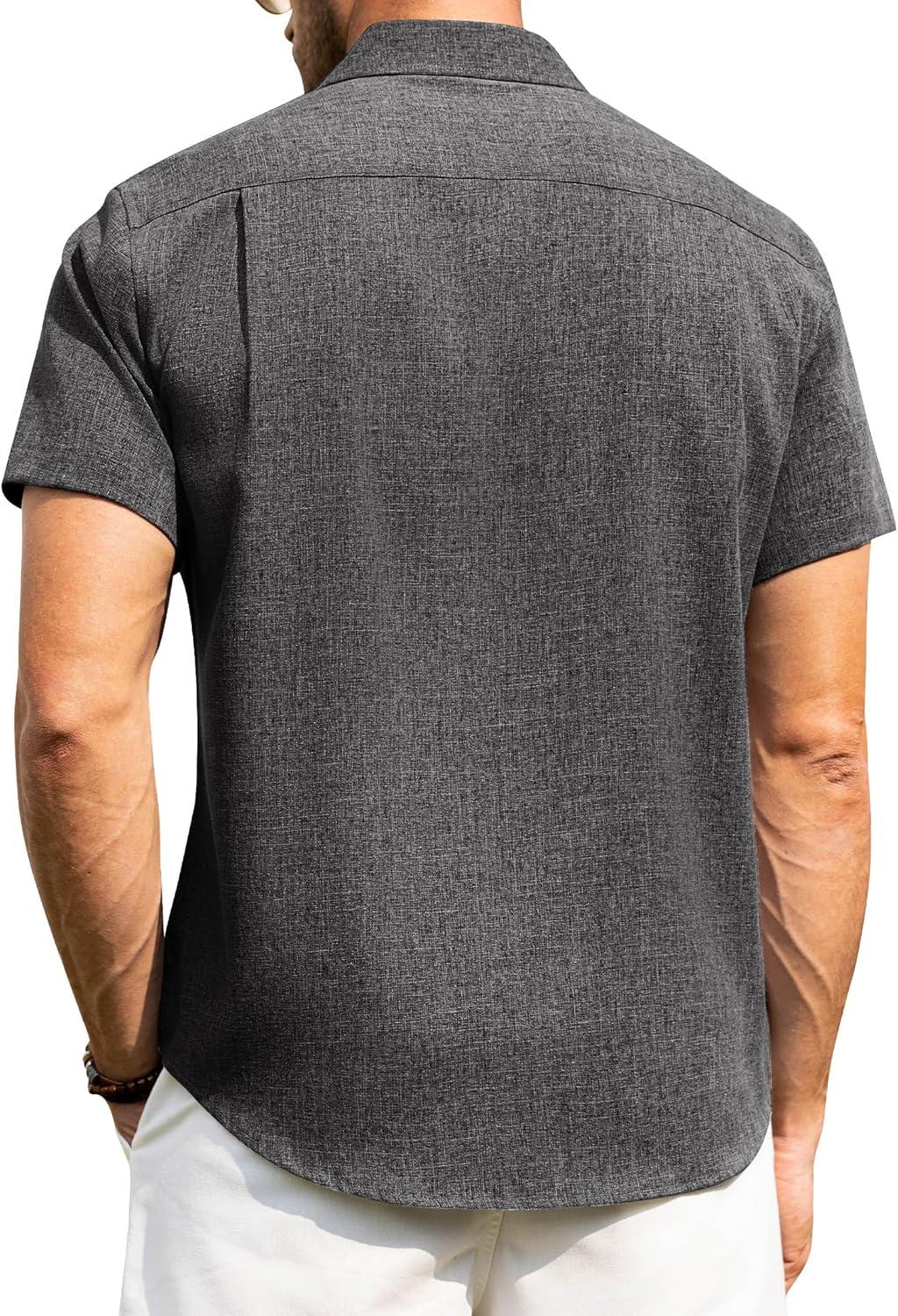 imageAlimens amp Gentle Mens Linen Shirts Short Sleeve Button Down Shirts Wrinkle Free Casual Vacation Beach Summer TopsBlack Grey