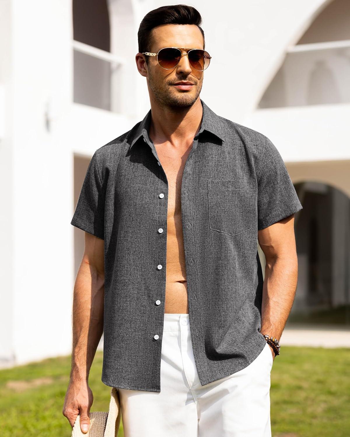 imageAlimens amp Gentle Mens Linen Shirts Short Sleeve Button Down Shirts Wrinkle Free Casual Vacation Beach Summer TopsBlack Grey