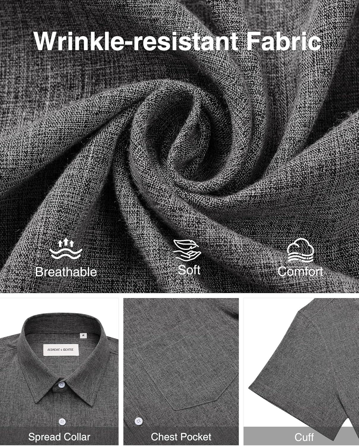 imageAlimens amp Gentle Mens Linen Shirts Short Sleeve Button Down Shirts Wrinkle Free Casual Vacation Beach Summer TopsBlack Grey