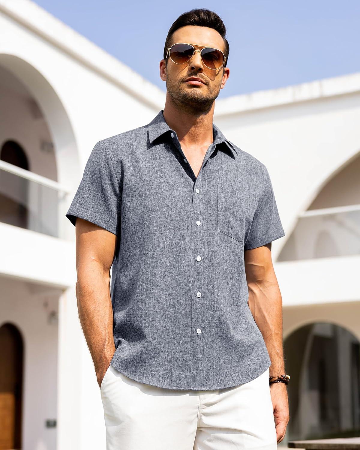 imageAlimens amp Gentle Mens Linen Shirts Short Sleeve Button Down Shirts Wrinkle Free Casual Vacation Beach Summer TopsBlue