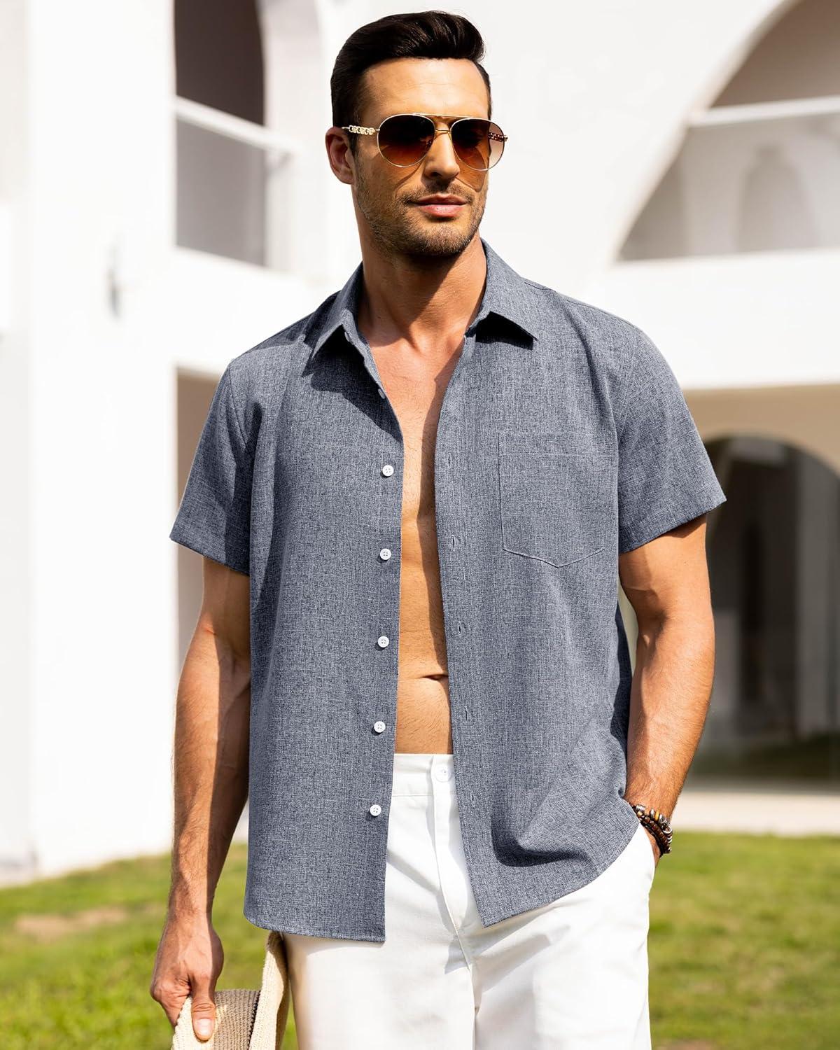 imageAlimens amp Gentle Mens Linen Shirts Short Sleeve Button Down Shirts Wrinkle Free Casual Vacation Beach Summer TopsBlue