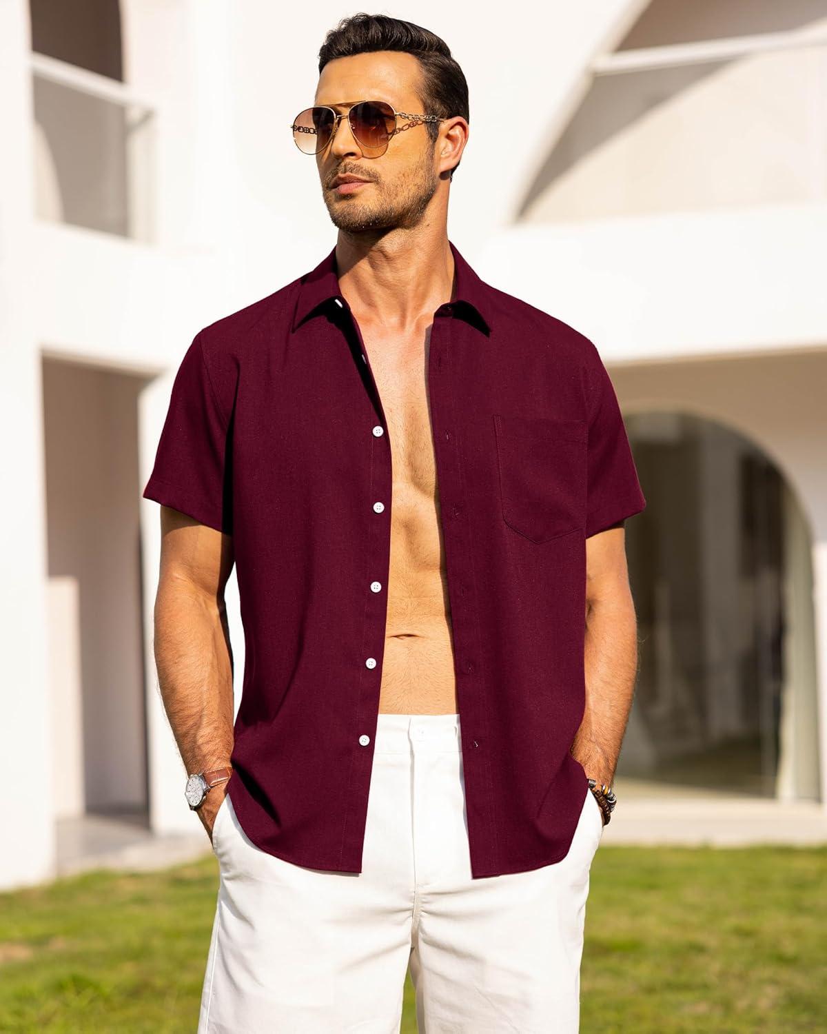 imageAlimens amp Gentle Mens Linen Shirts Short Sleeve Button Down Shirts Wrinkle Free Casual Vacation Beach Summer TopsBurgundy