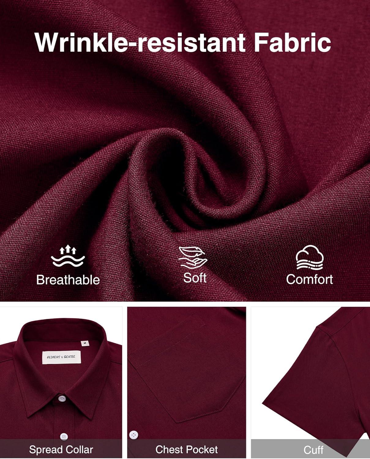 imageAlimens amp Gentle Mens Linen Shirts Short Sleeve Button Down Shirts Wrinkle Free Casual Vacation Beach Summer TopsBurgundy