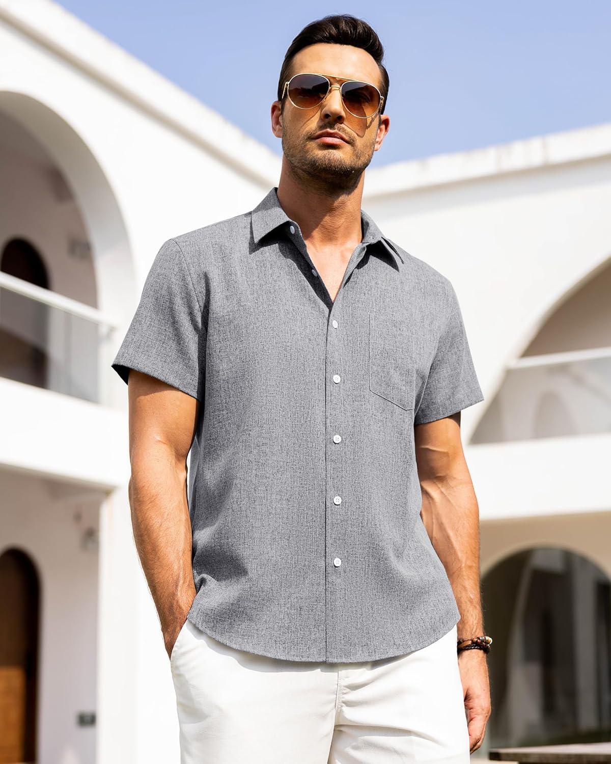 imageAlimens amp Gentle Mens Linen Shirts Short Sleeve Button Down Shirts Wrinkle Free Casual Vacation Beach Summer TopsGrey