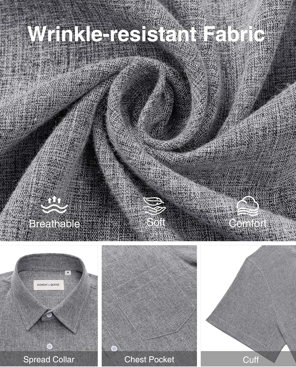 imageAlimens amp Gentle Mens Linen Shirts Short Sleeve Button Down Shirts Wrinkle Free Casual Vacation Beach Summer TopsGrey