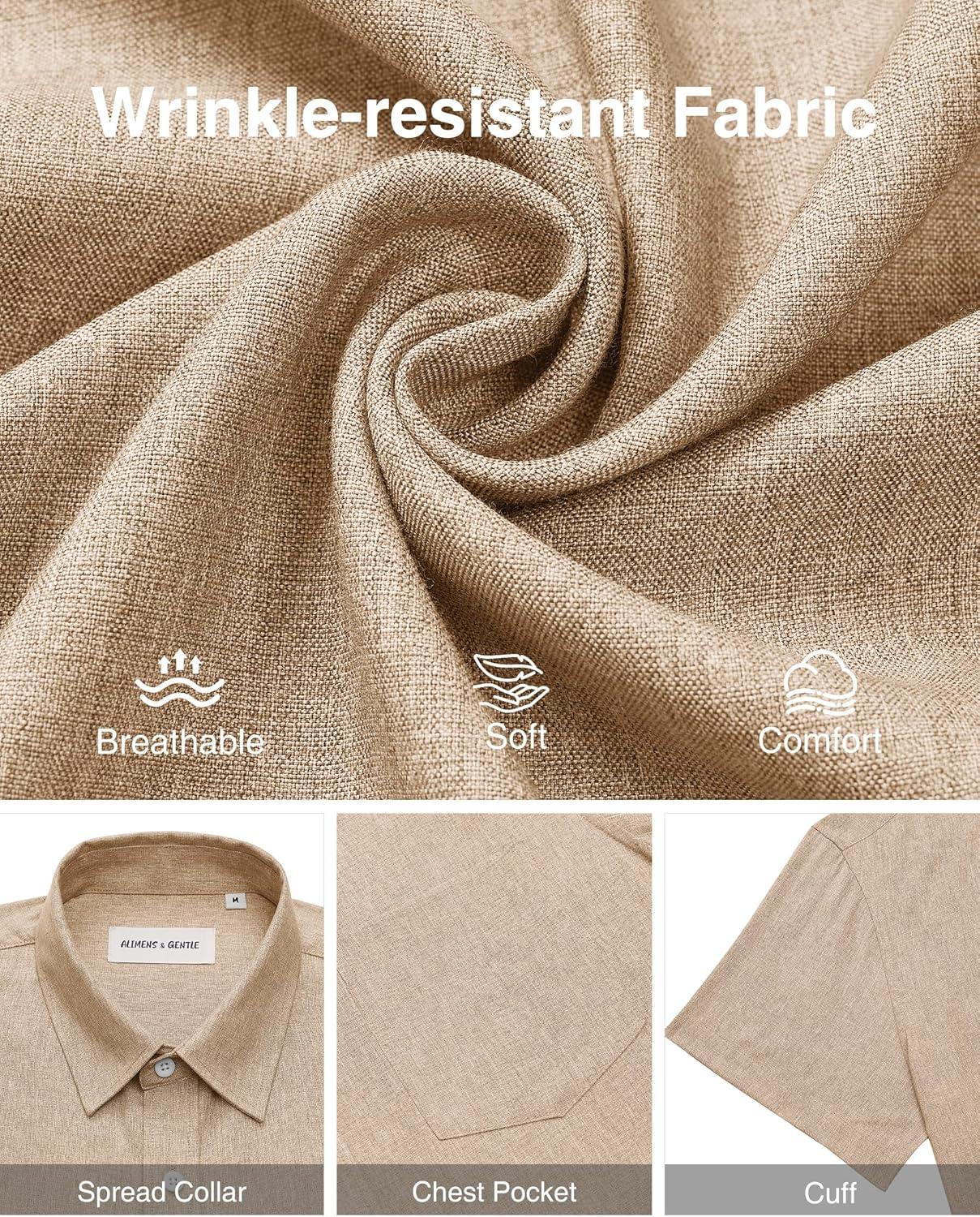 imageAlimens amp Gentle Mens Linen Shirts Short Sleeve Button Down Shirts Wrinkle Free Casual Vacation Beach Summer TopsLight Khaki