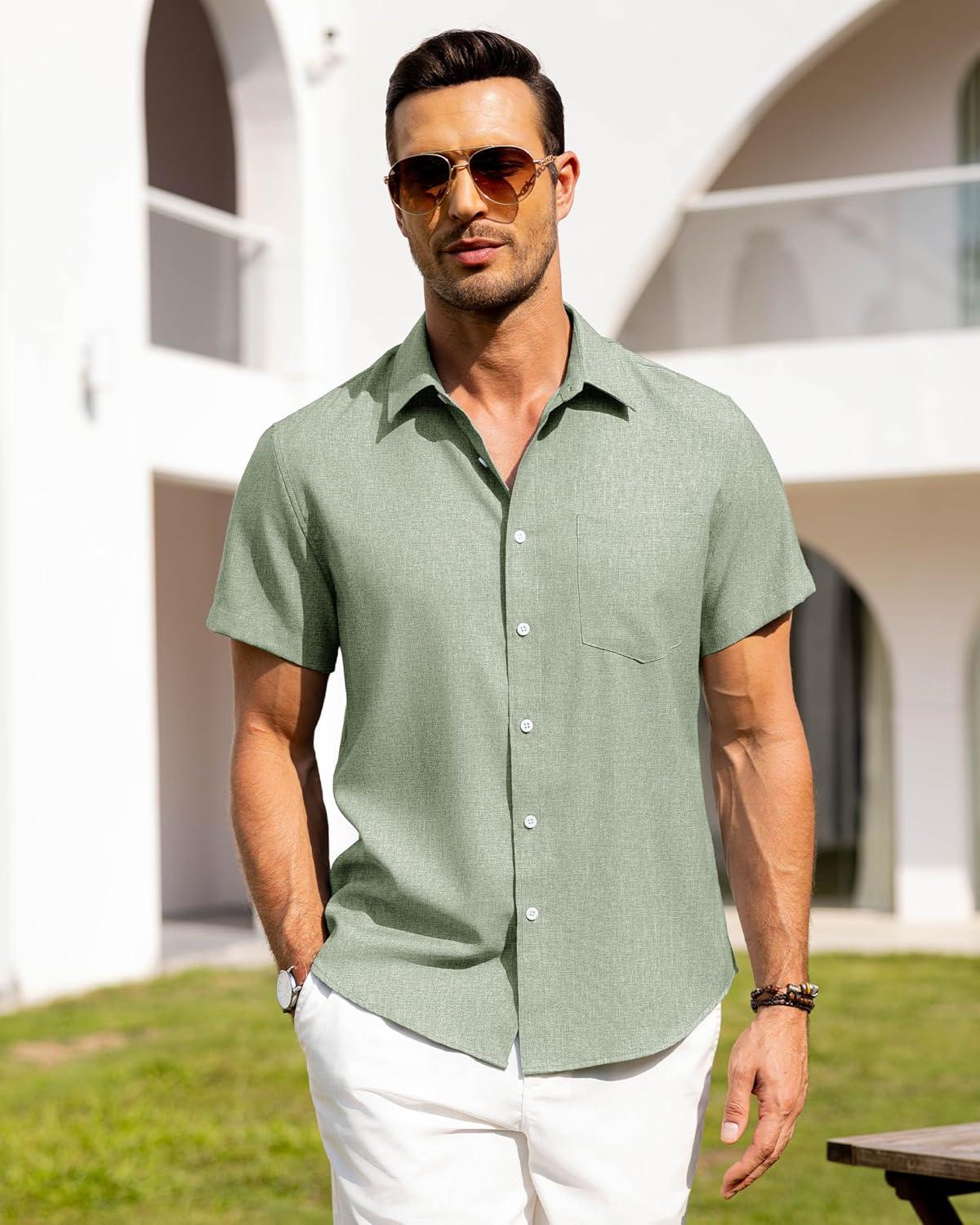 imageAlimens amp Gentle Mens Linen Shirts Short Sleeve Button Down Shirts Wrinkle Free Casual Vacation Beach Summer TopsMint Green