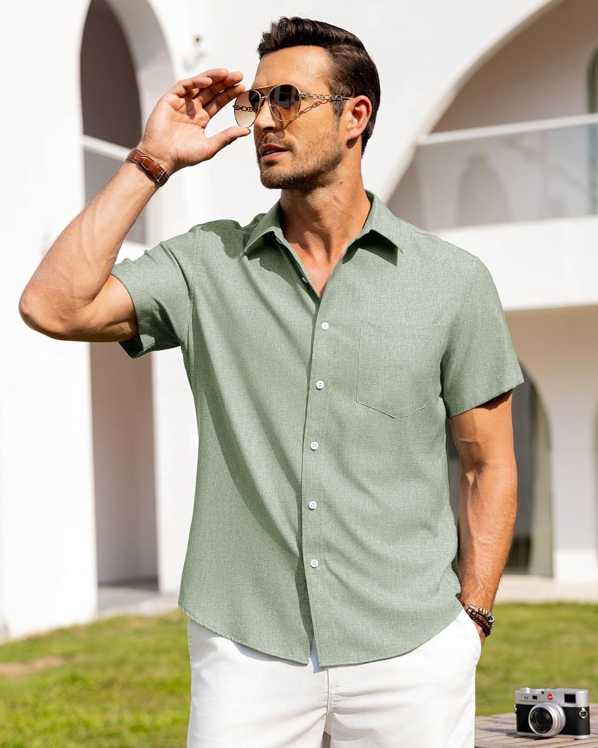 imageAlimens amp Gentle Mens Linen Shirts Short Sleeve Button Down Shirts Wrinkle Free Casual Vacation Beach Summer TopsMint Green