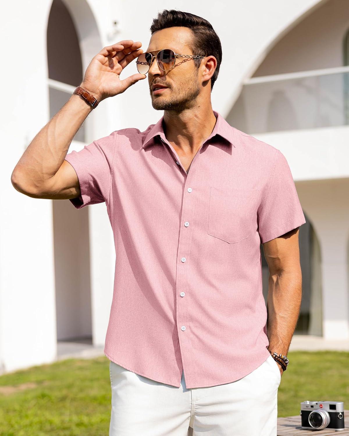 imageAlimens amp Gentle Mens Linen Shirts Short Sleeve Button Down Shirts Wrinkle Free Casual Vacation Beach Summer TopsPink