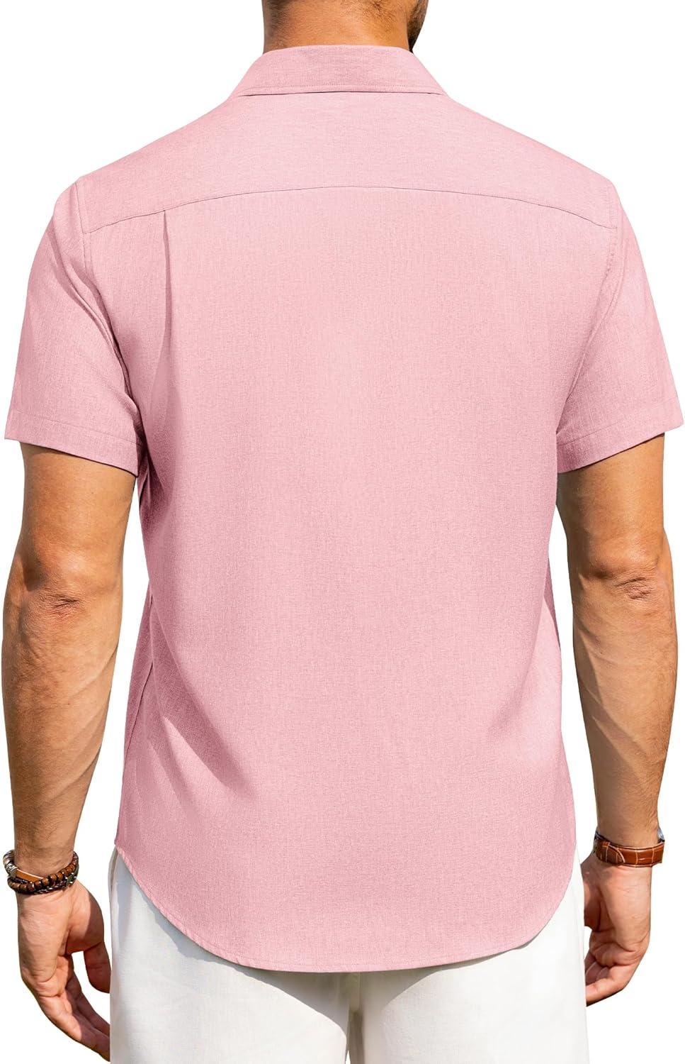 imageAlimens amp Gentle Mens Linen Shirts Short Sleeve Button Down Shirts Wrinkle Free Casual Vacation Beach Summer TopsPink