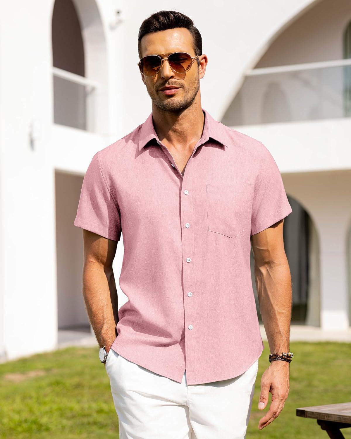 imageAlimens amp Gentle Mens Linen Shirts Short Sleeve Button Down Shirts Wrinkle Free Casual Vacation Beach Summer TopsPink