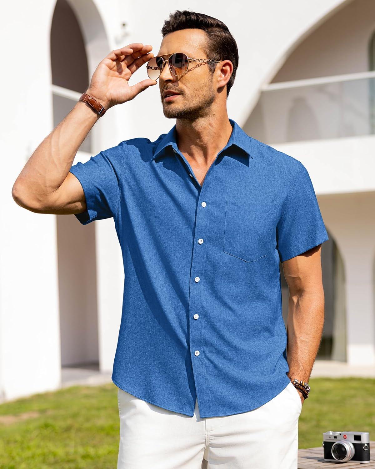 imageAlimens amp Gentle Mens Linen Shirts Short Sleeve Button Down Shirts Wrinkle Free Casual Vacation Beach Summer TopsRoyal Blue