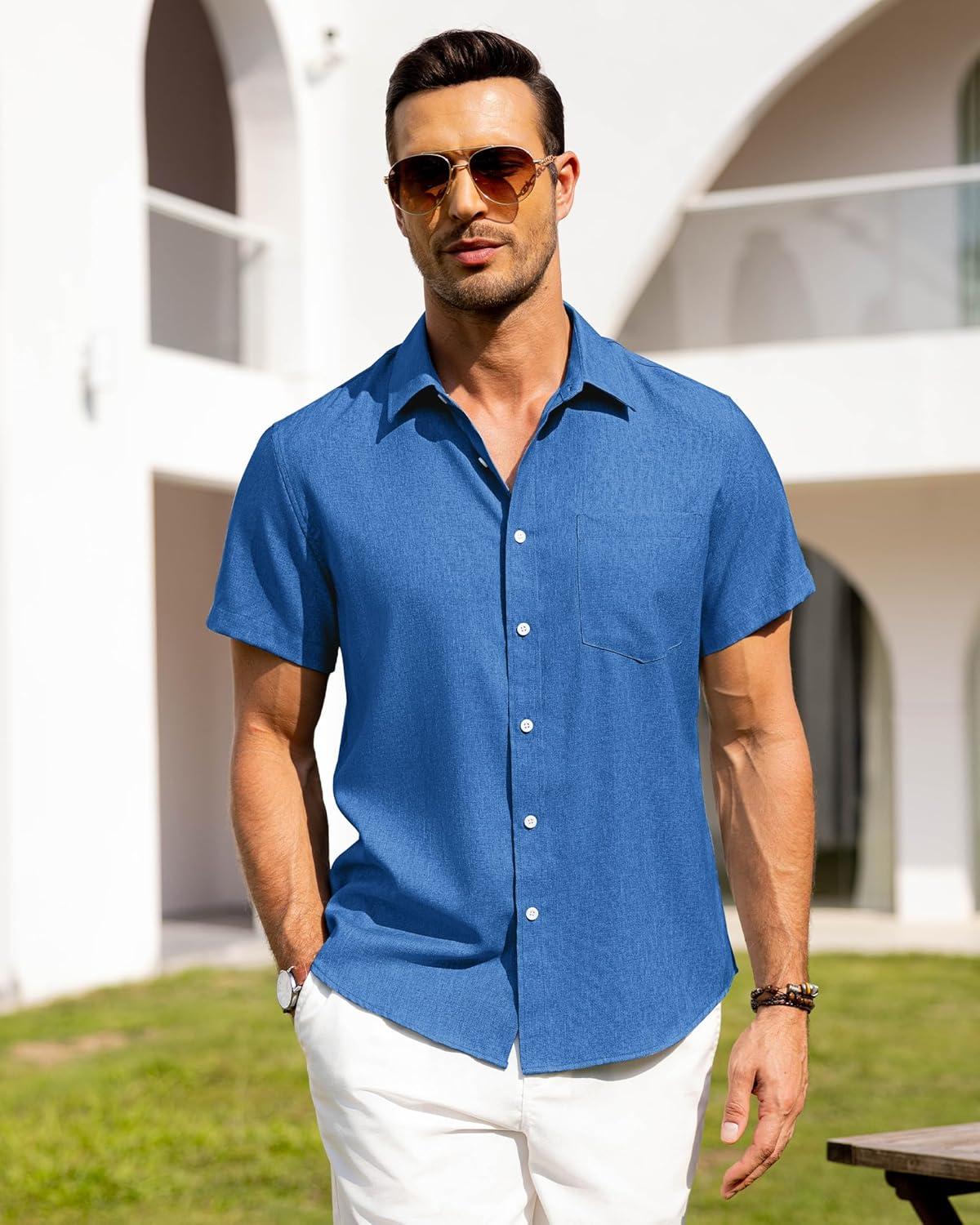 imageAlimens amp Gentle Mens Linen Shirts Short Sleeve Button Down Shirts Wrinkle Free Casual Vacation Beach Summer TopsRoyal Blue