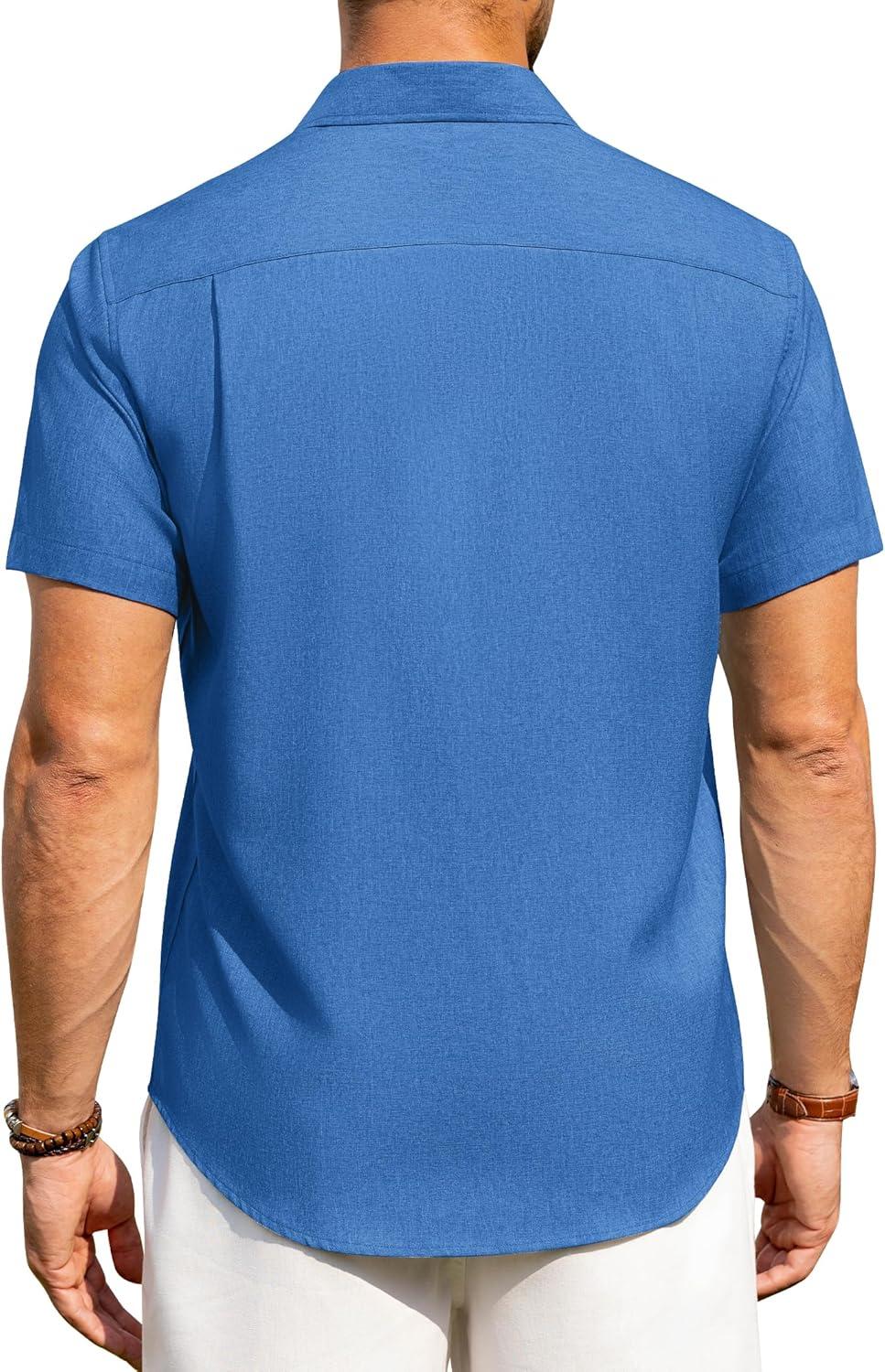 imageAlimens amp Gentle Mens Linen Shirts Short Sleeve Button Down Shirts Wrinkle Free Casual Vacation Beach Summer TopsRoyal Blue