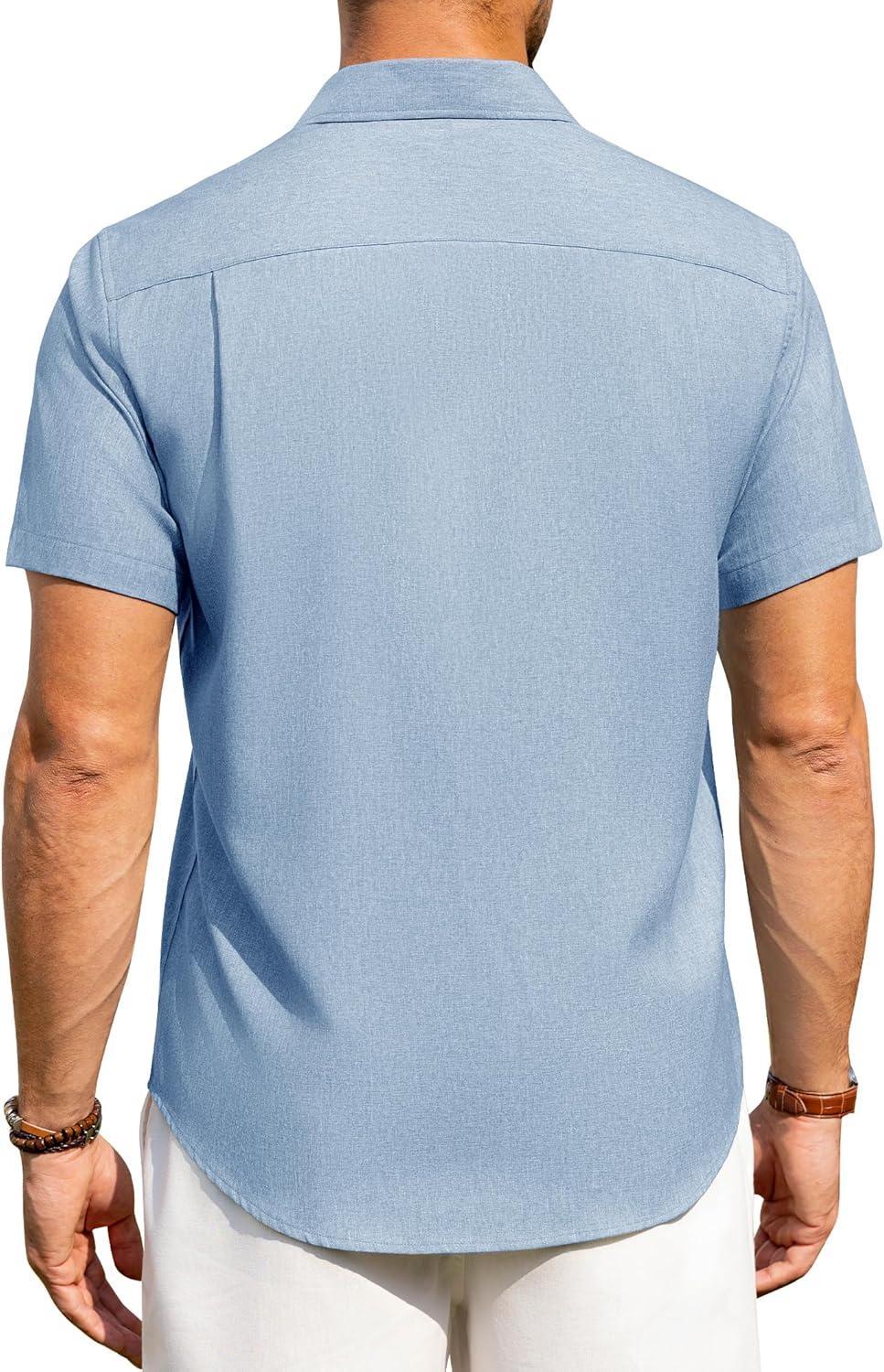 imageAlimens amp Gentle Mens Linen Shirts Short Sleeve Button Down Shirts Wrinkle Free Casual Vacation Beach Summer TopsSky Blue