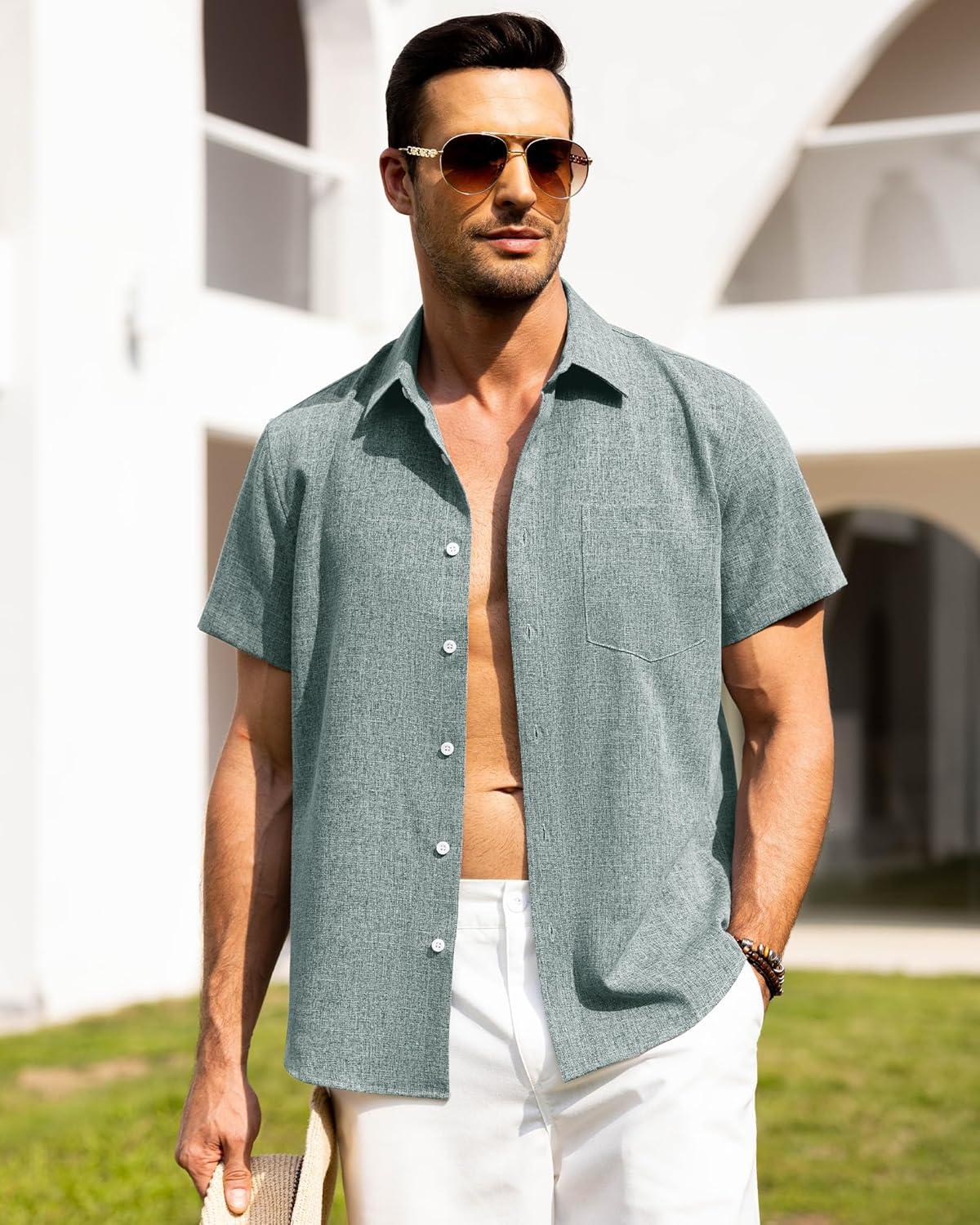 imageAlimens amp Gentle Mens Linen Shirts Short Sleeve Button Down Shirts Wrinkle Free Casual Vacation Beach Summer TopsTeal