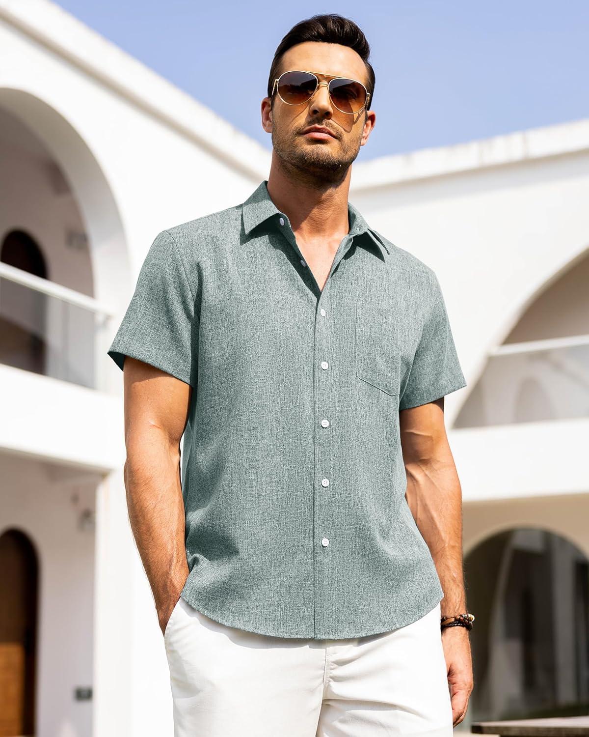 imageAlimens amp Gentle Mens Linen Shirts Short Sleeve Button Down Shirts Wrinkle Free Casual Vacation Beach Summer TopsTeal
