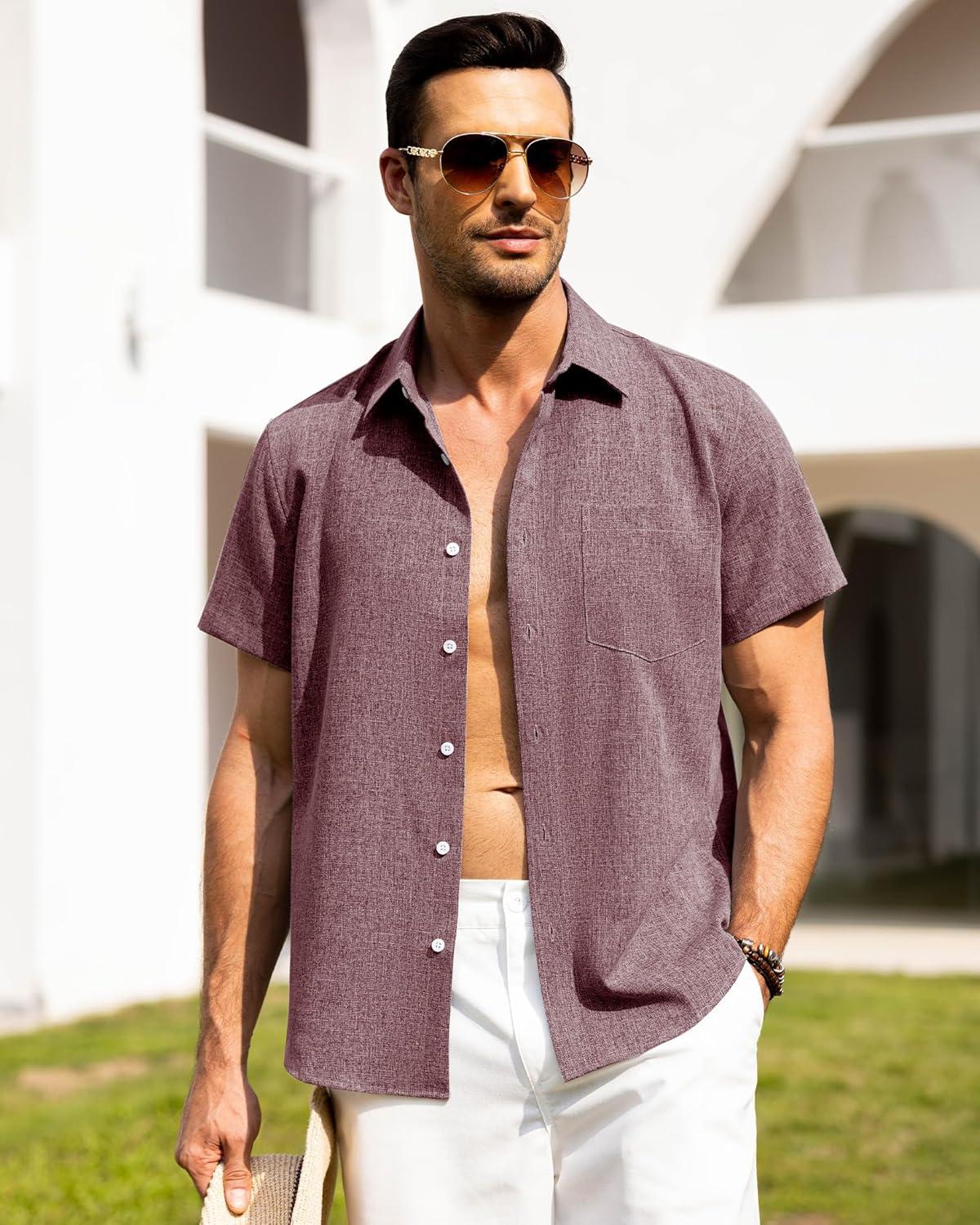 imageAlimens amp Gentle Mens Linen Shirts Short Sleeve Button Down Shirts Wrinkle Free Casual Vacation Beach Summer TopsWine Red