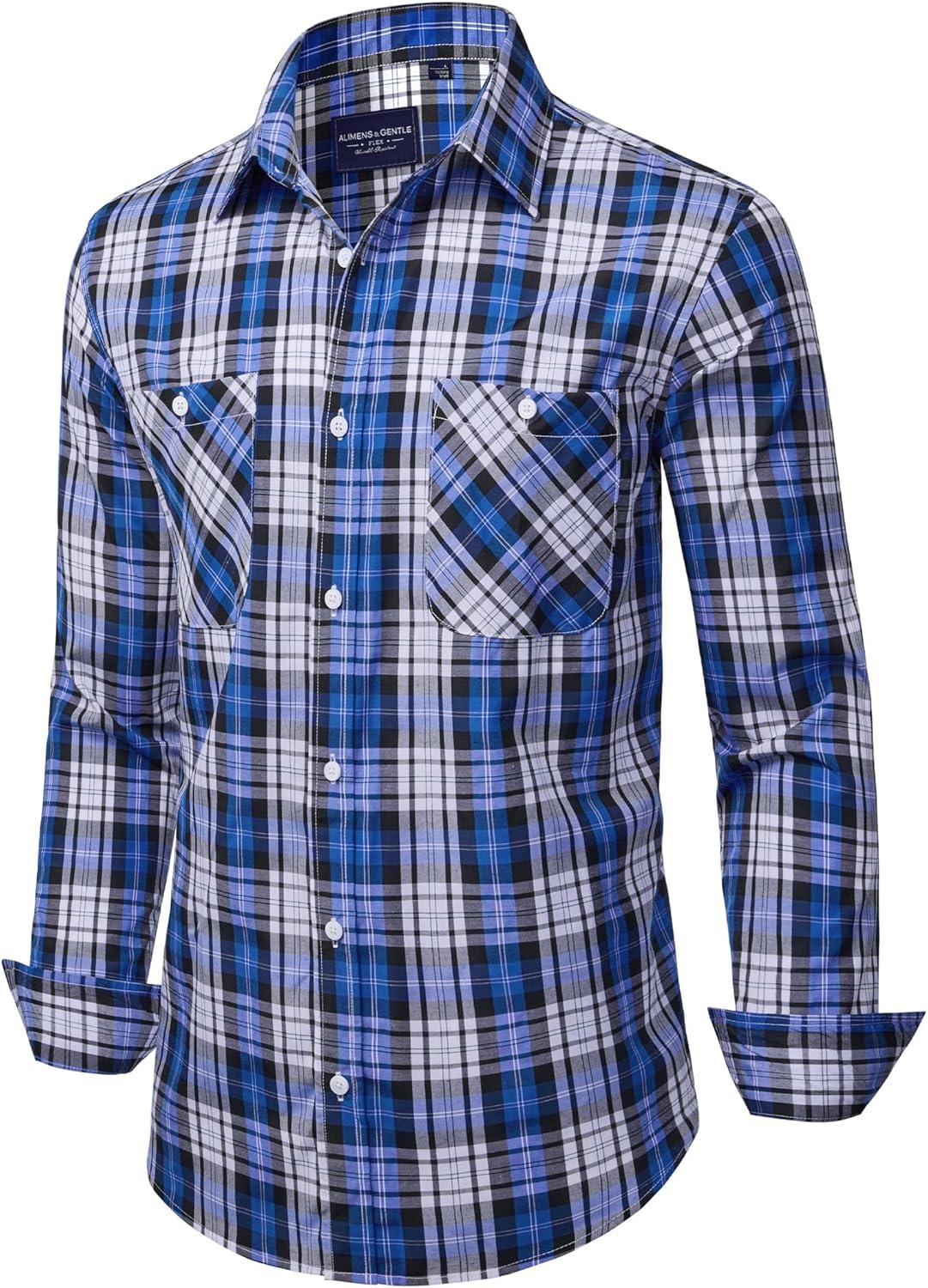 imageAlimens amp Gentle Mens Long Sleeve Dress Shirt Button Down Shirts with Pockets Regular Business Office Casual Plaid ShirtBlack Blue Plaid