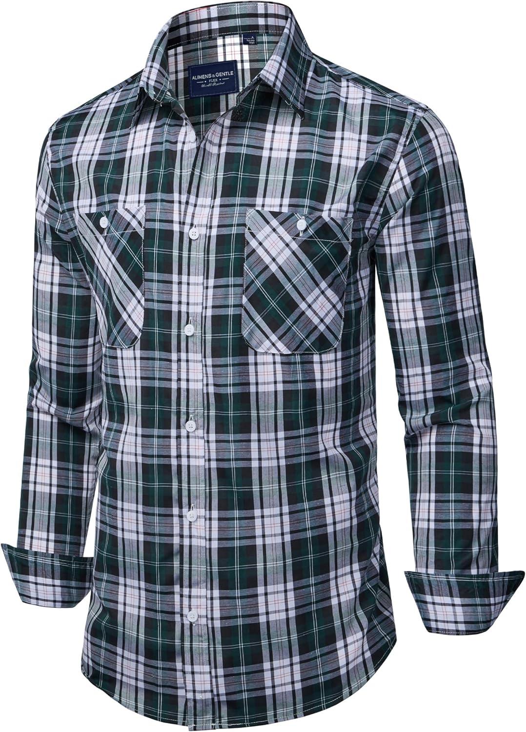 imageAlimens amp Gentle Mens Long Sleeve Dress Shirt Button Down Shirts with Pockets Regular Business Office Casual Plaid ShirtBlack Green Grey Plaid