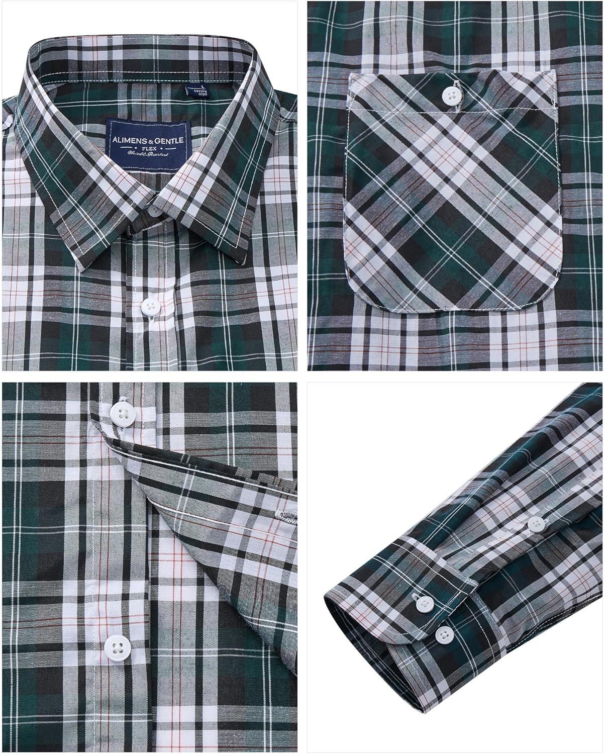 imageAlimens amp Gentle Mens Long Sleeve Dress Shirt Button Down Shirts with Pockets Regular Business Office Casual Plaid ShirtBlack Green Grey Plaid