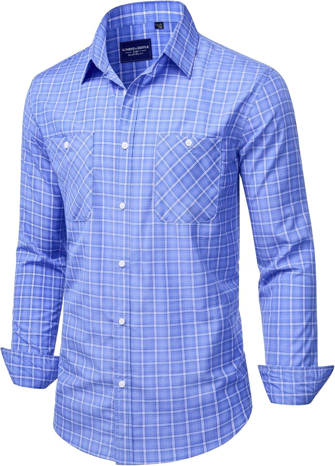 imageAlimens amp Gentle Mens Long Sleeve Dress Shirt Button Down Shirts with Pockets Regular Business Office Casual Plaid ShirtBlue Gingham
