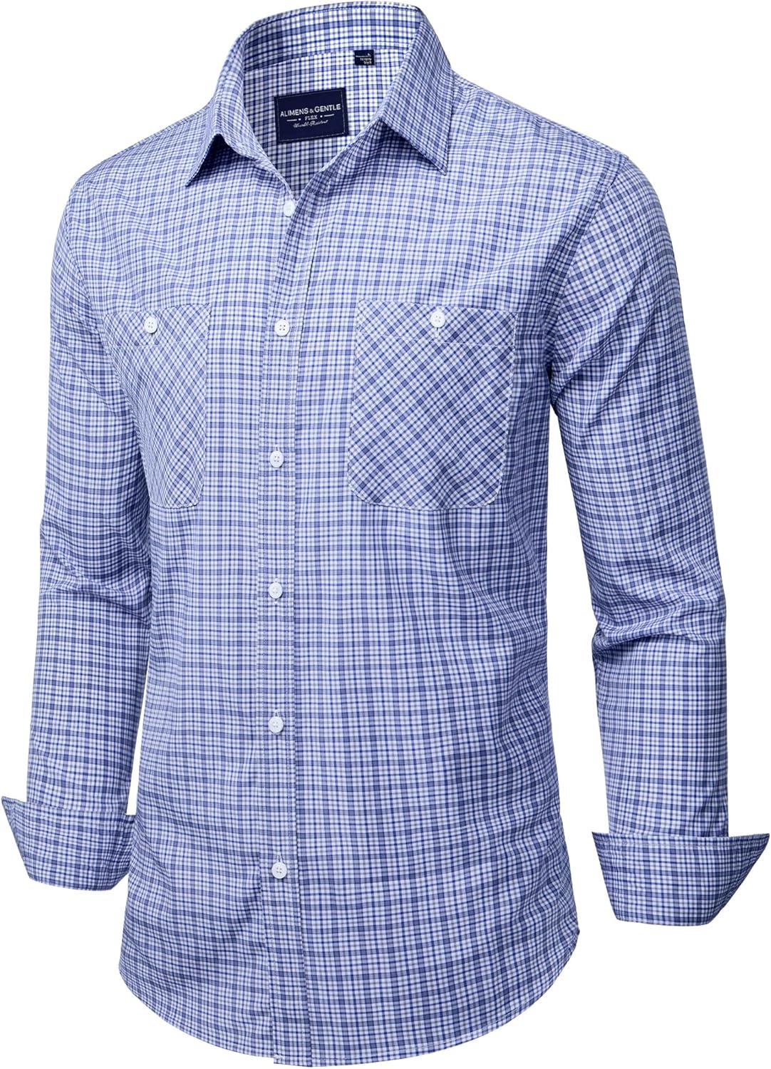 imageAlimens amp Gentle Mens Long Sleeve Dress Shirt Button Down Shirts with Pockets Regular Business Office Casual Plaid ShirtBlue White Gingham