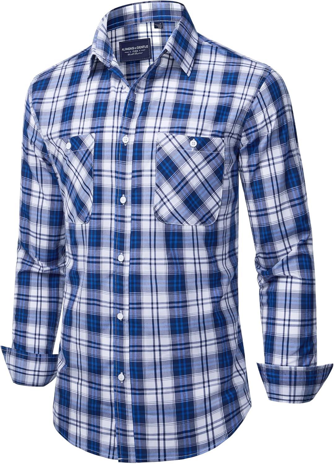 imageAlimens amp Gentle Mens Long Sleeve Dress Shirt Button Down Shirts with Pockets Regular Business Office Casual Plaid ShirtNavy Blue Plaid