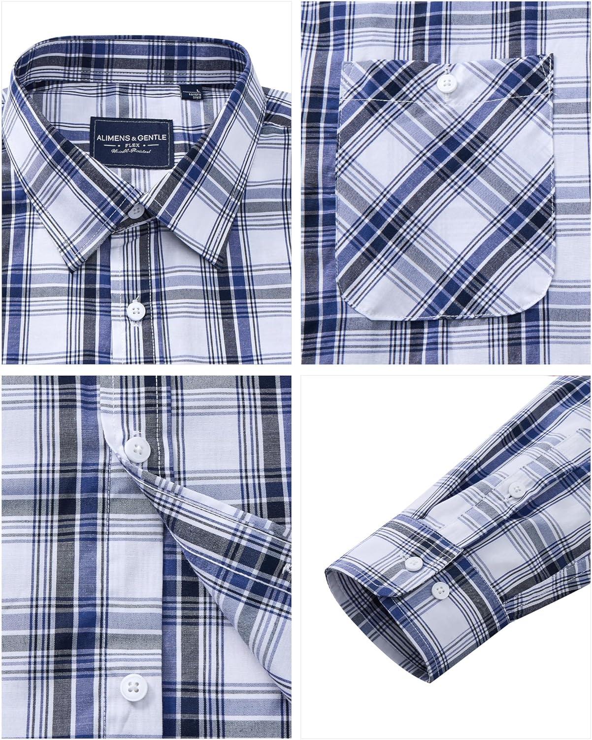 imageAlimens amp Gentle Mens Long Sleeve Dress Shirt Button Down Shirts with Pockets Regular Business Office Casual Plaid ShirtNavy Blue White Plaid