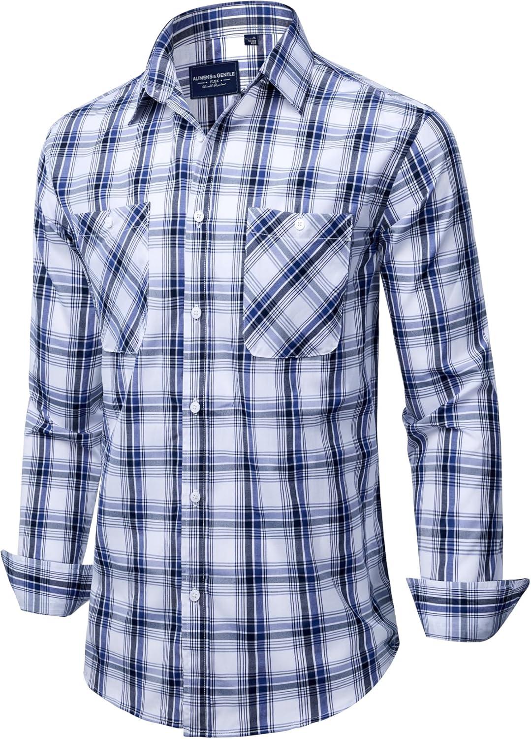 imageAlimens amp Gentle Mens Long Sleeve Dress Shirt Button Down Shirts with Pockets Regular Business Office Casual Plaid ShirtNavy Blue White Plaid