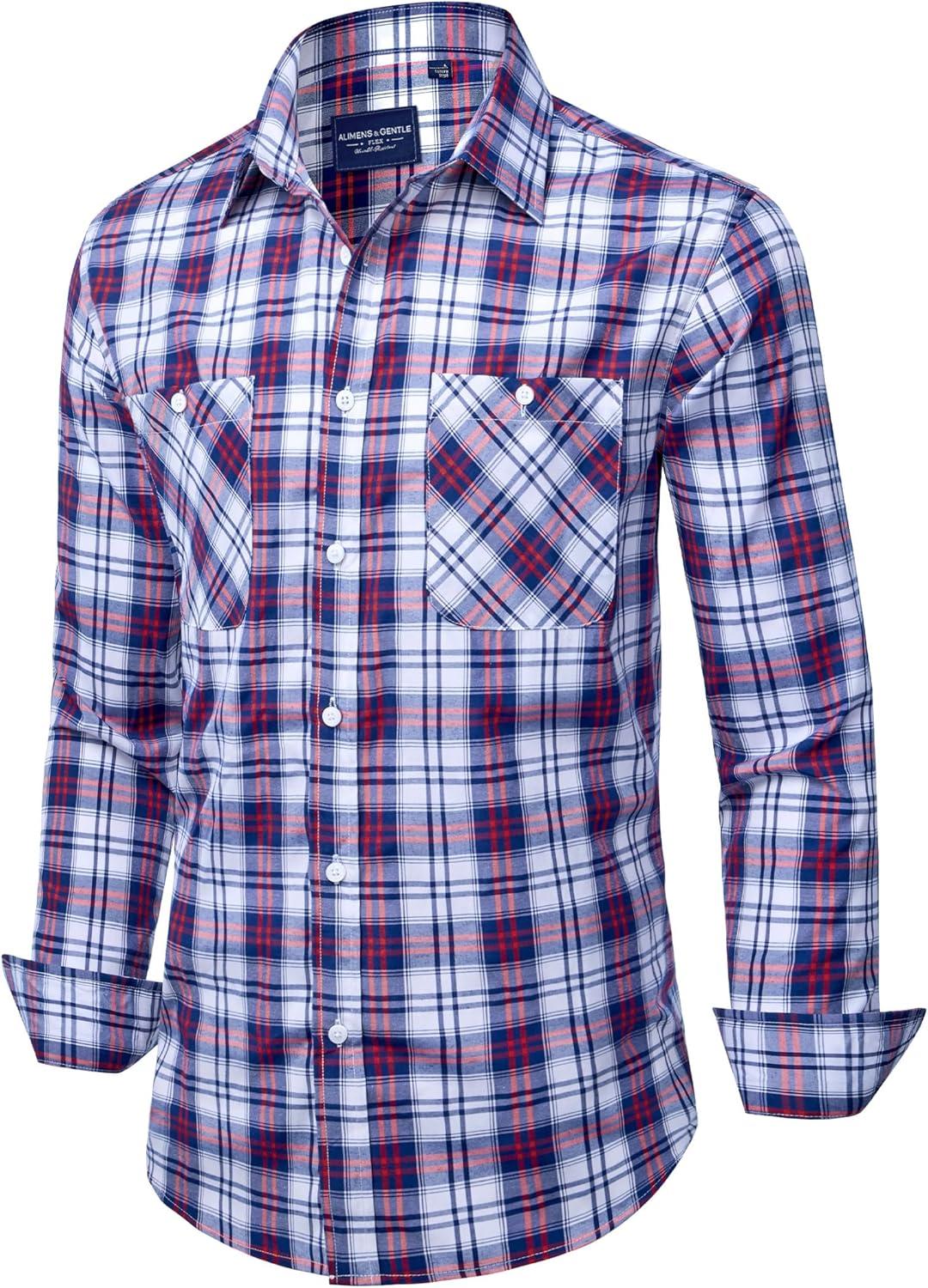 imageAlimens amp Gentle Mens Long Sleeve Dress Shirt Button Down Shirts with Pockets Regular Business Office Casual Plaid ShirtRed Blue Plaid