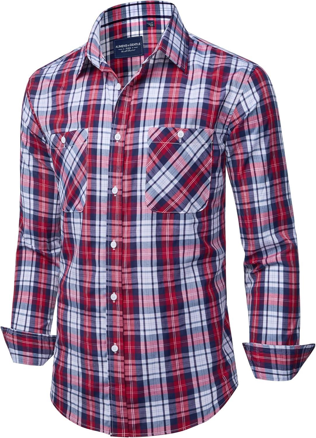imageAlimens amp Gentle Mens Long Sleeve Dress Shirt Button Down Shirts with Pockets Regular Business Office Casual Plaid ShirtRed Navy Plaid