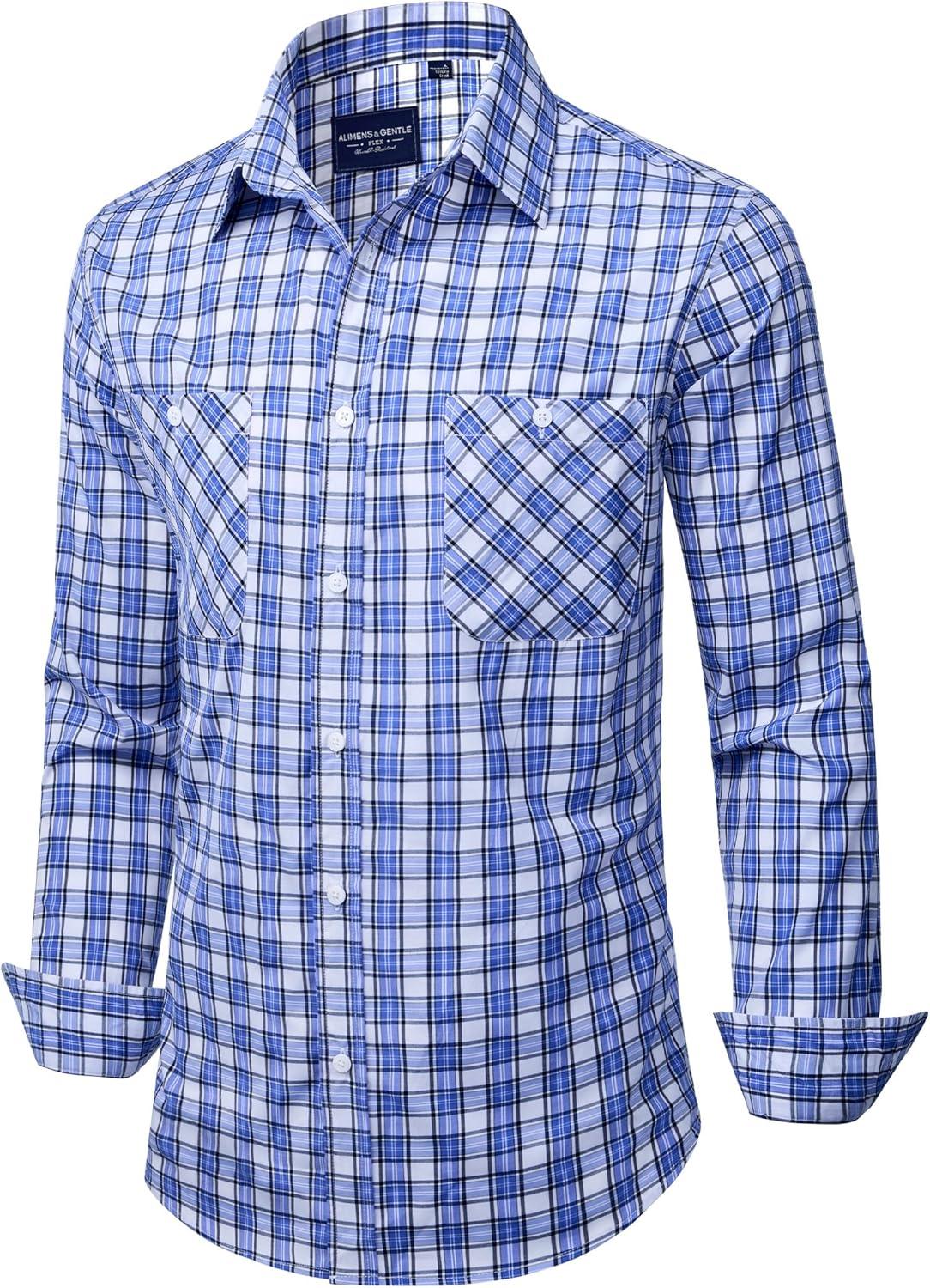 imageAlimens amp Gentle Mens Long Sleeve Dress Shirt Button Down Shirts with Pockets Regular Business Office Casual Plaid ShirtWhite Blue Plaid