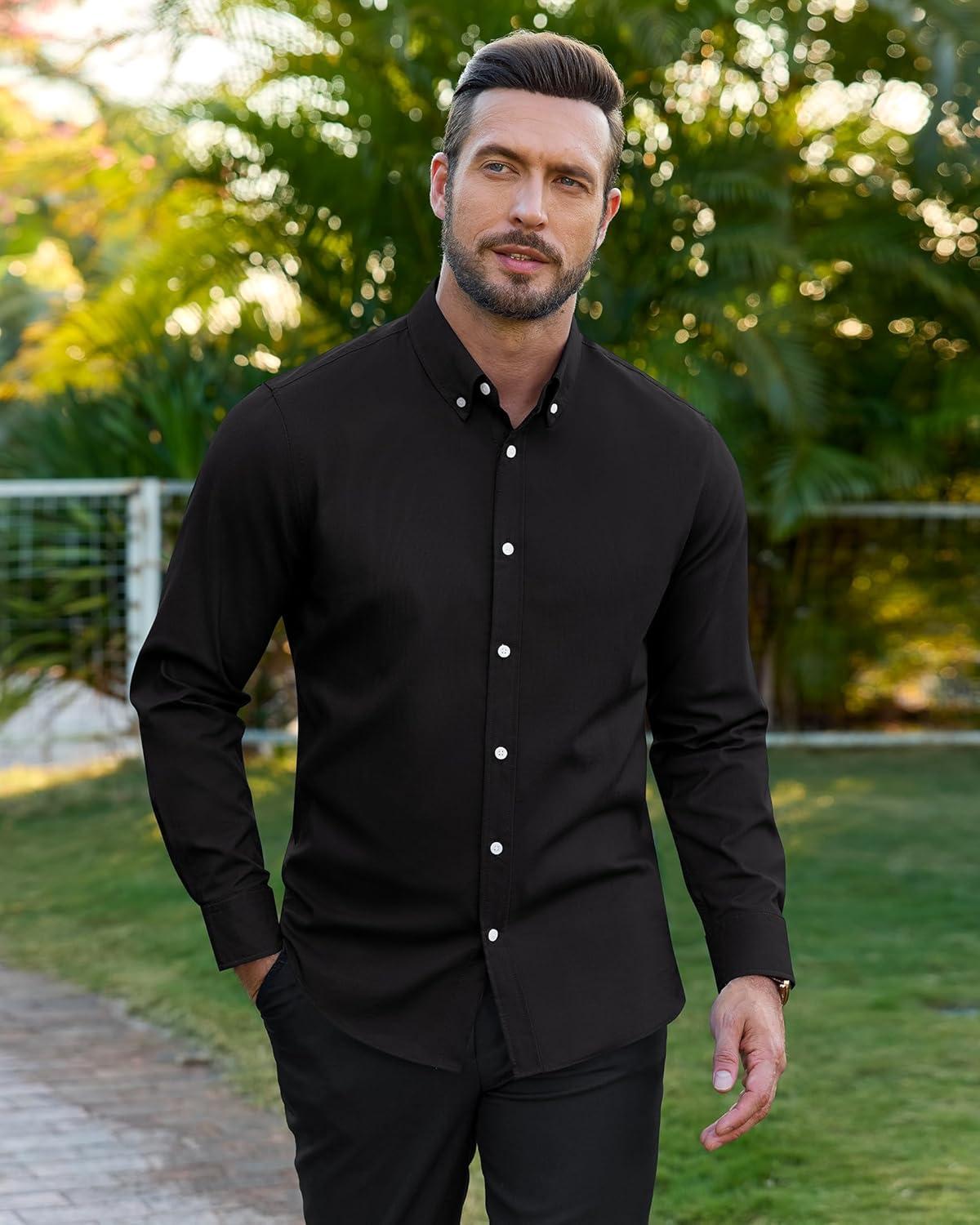 imageAlimens amp Gentle Mens Oxford Shirts Stretch Long Sleeve Dress Shirt for Men Casual Business Work Solid Button Down ShirtsBlack