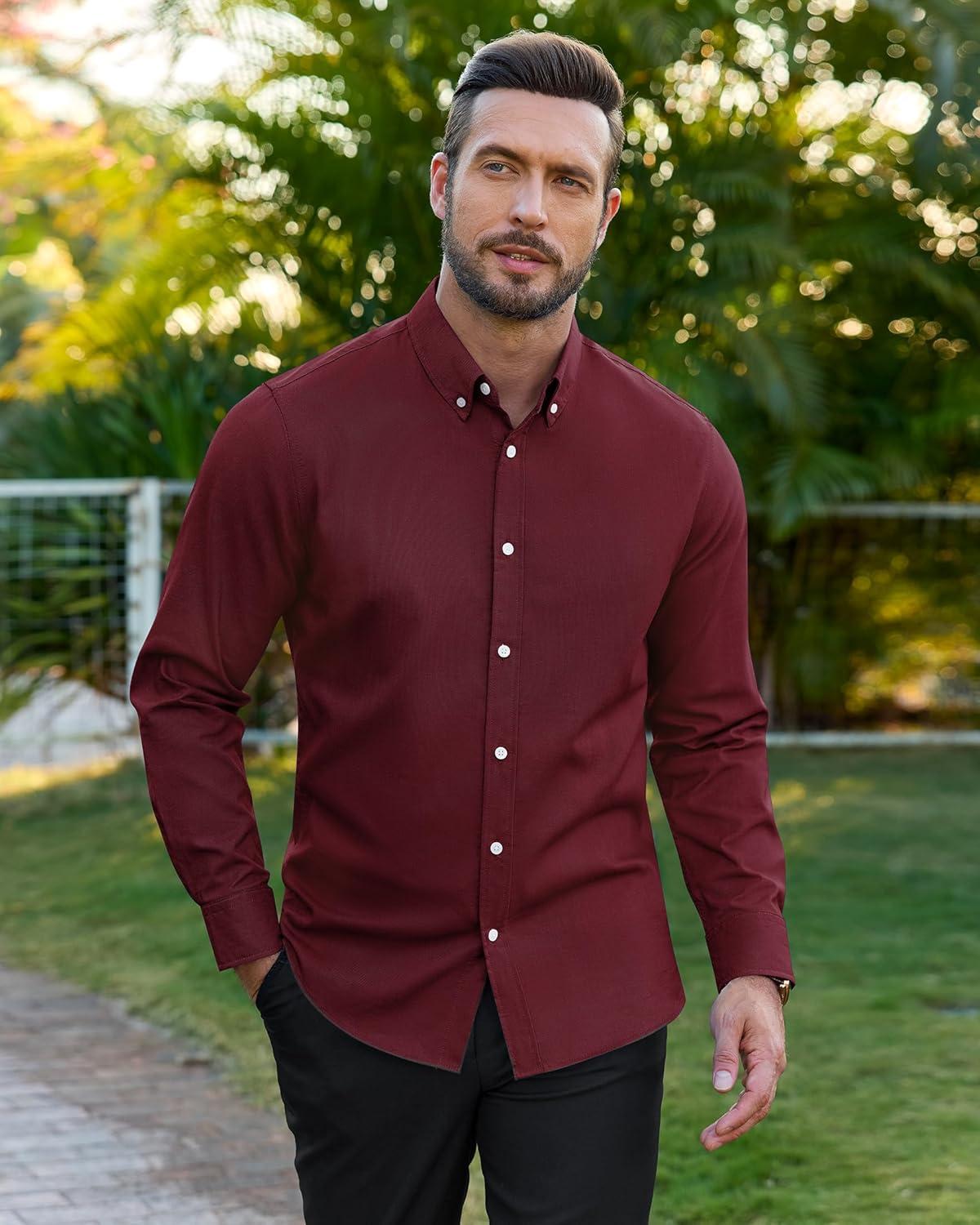 imageAlimens amp Gentle Mens Oxford Shirts Stretch Long Sleeve Dress Shirt for Men Casual Business Work Solid Button Down ShirtsBurgundy