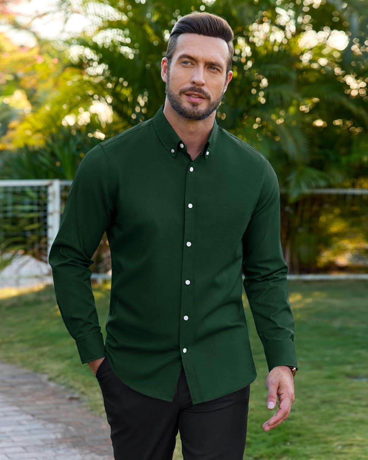 imageAlimens amp Gentle Mens Oxford Shirts Stretch Long Sleeve Dress Shirt for Men Casual Business Work Solid Button Down ShirtsGreen